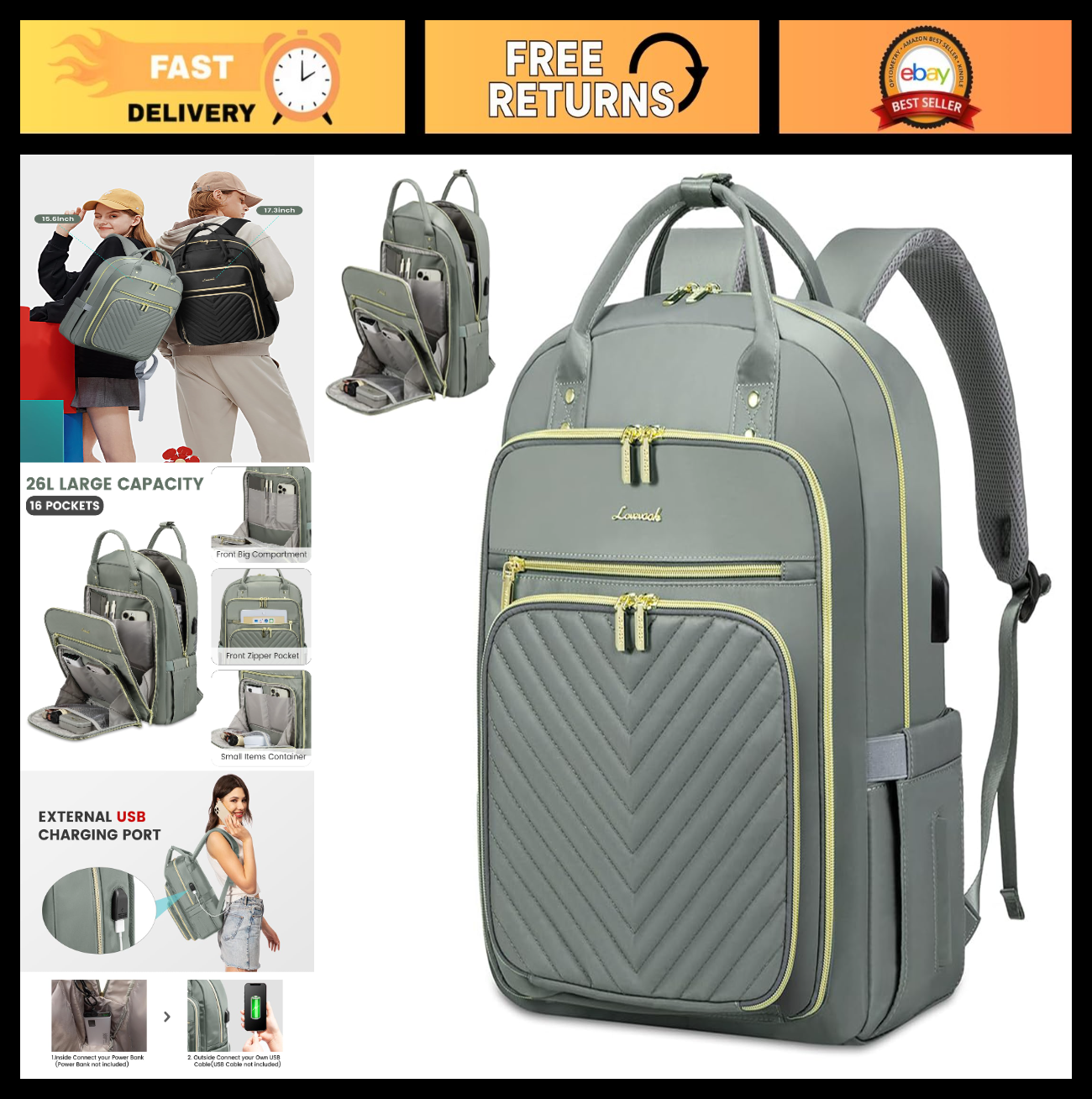 Stylish Water Resistant Laptop Backpack for Women, USB Charging, Travel Work Bag0