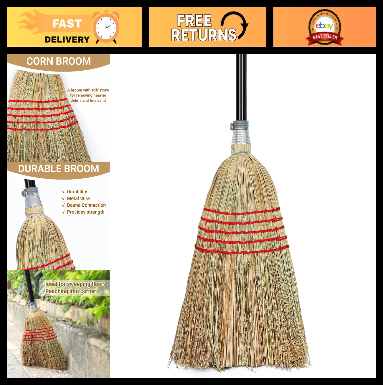Heavy-Duty Corn Broom for Indoor/Outdoor Use - Ideal for Gravel, Leaves, Sand, a0