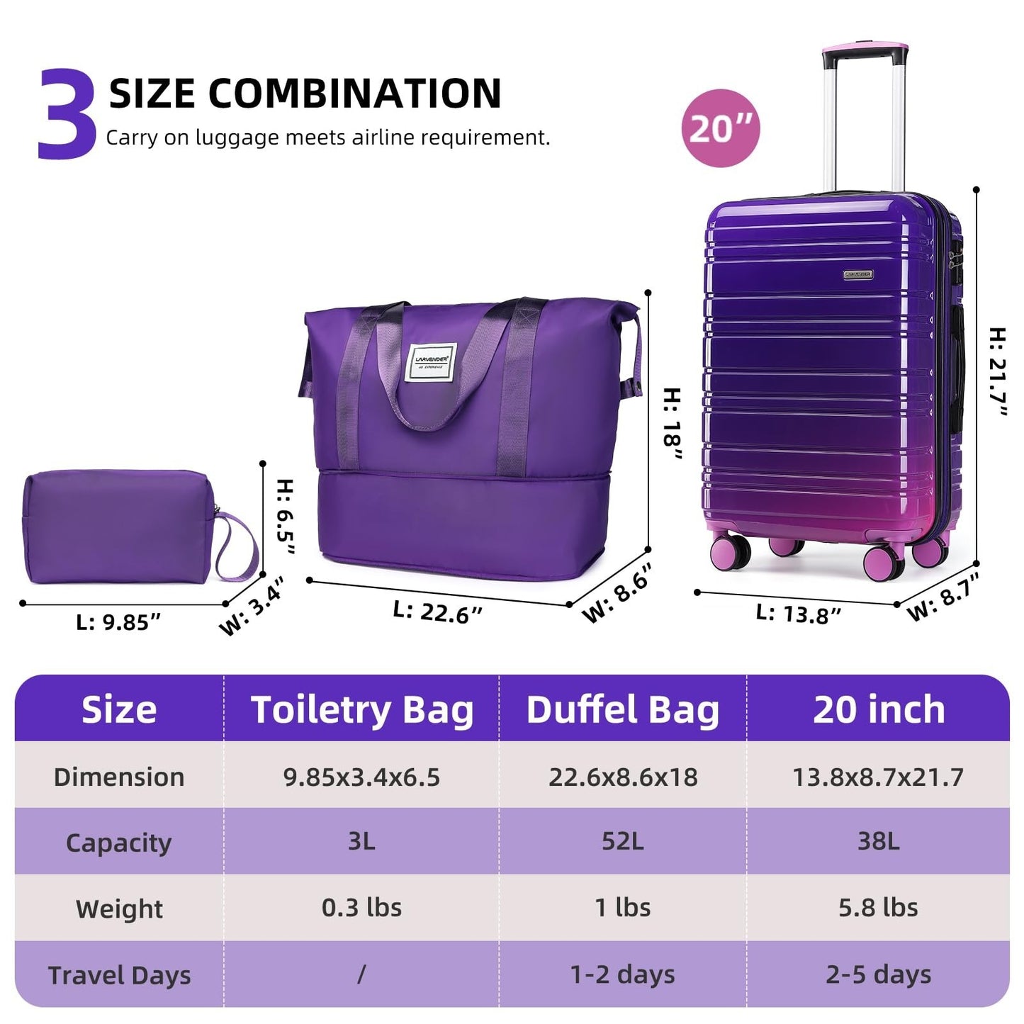 3-Piece Carry-On Luggage Set, 20" Hardshell Suitcase, Lightweight, TSA Lock, Duf2