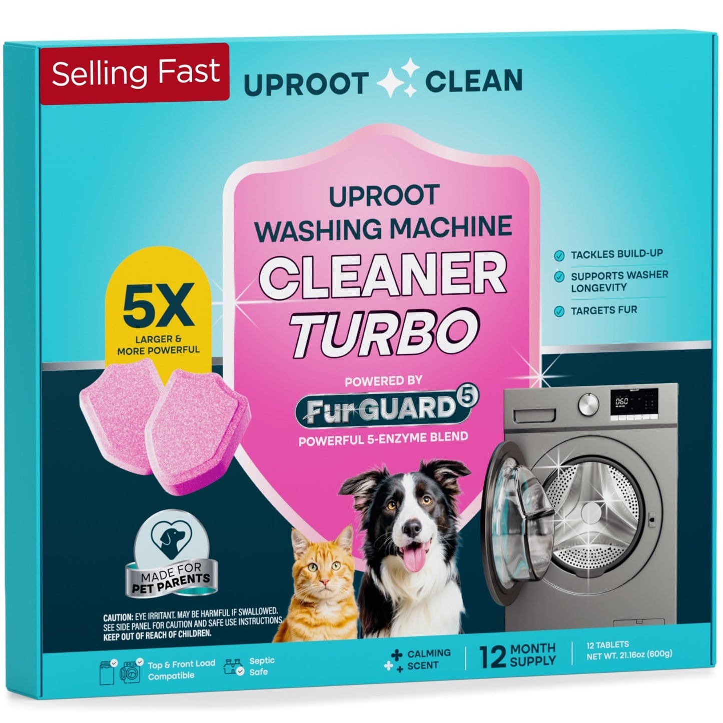 Washing Machine Cleaner Tablets - 5x Stronger, 12-Mo Supply, Pet Safe, HE/Top/Fr1