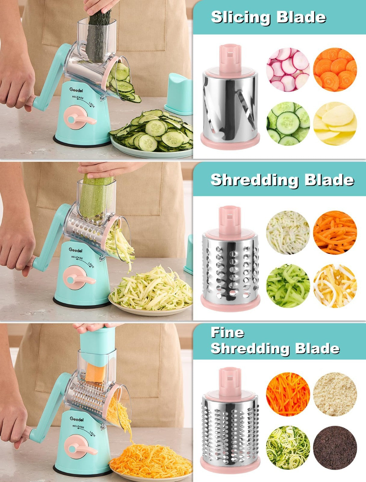 Rotary Cheese Grater & Vegetable Slicer   5 Blades, Stainless Steel, Fast Cuttin5