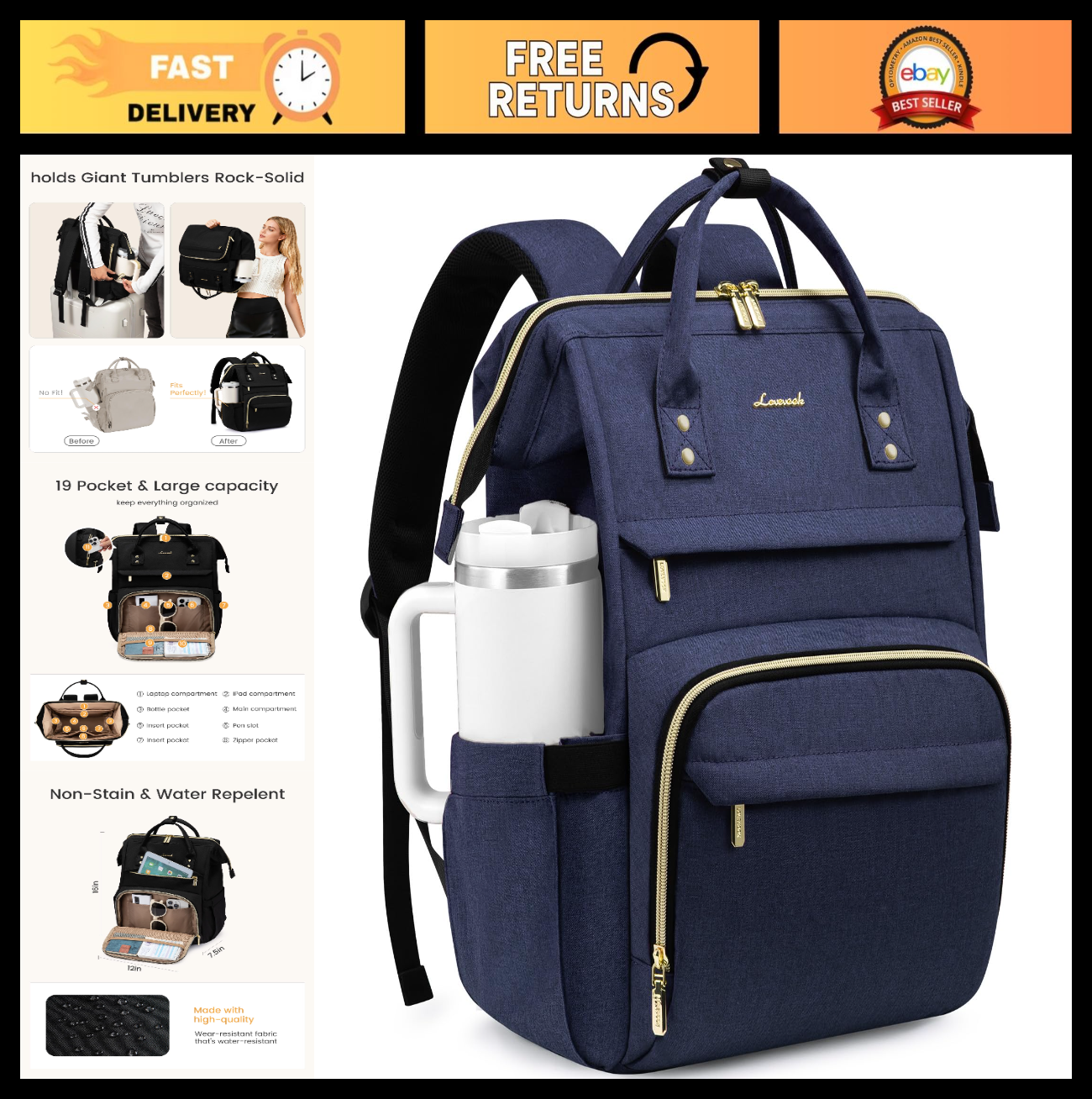 Stylish Waterproof Laptop Backpack for Women, 15.6" with Tumbler Holder, Travel0