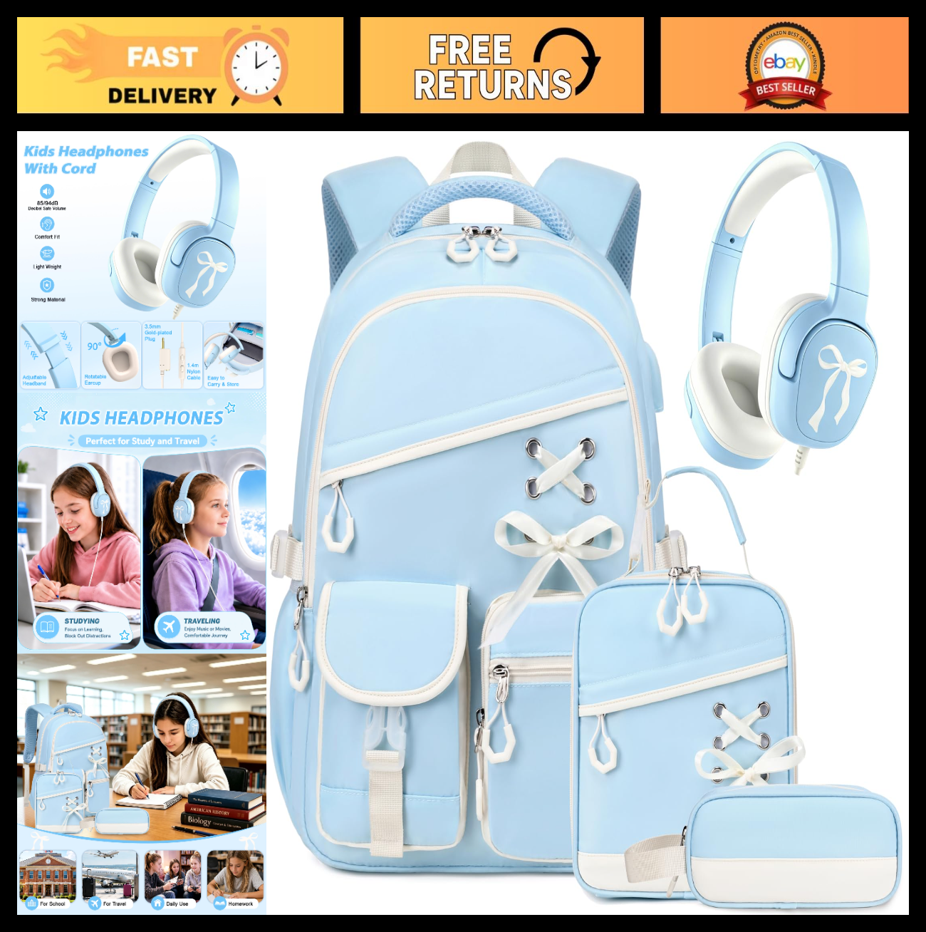Stylish Girls School Backpack with Wired Headphones, Perfect for Teens & Kids0