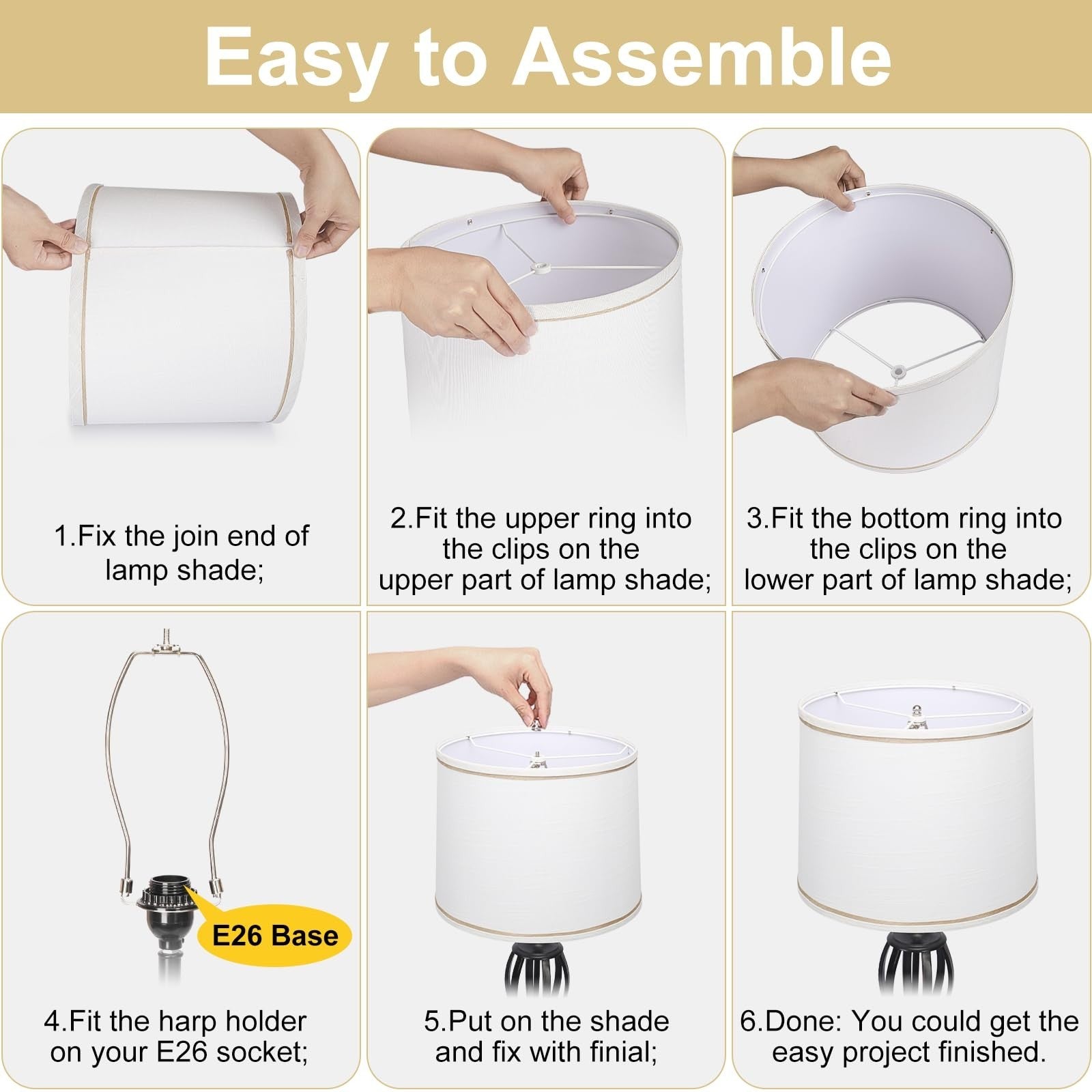 Set of 2 White Fabric Drum Lampshades for Table & Floor Lamps, 11.6" x 12.6" x 93