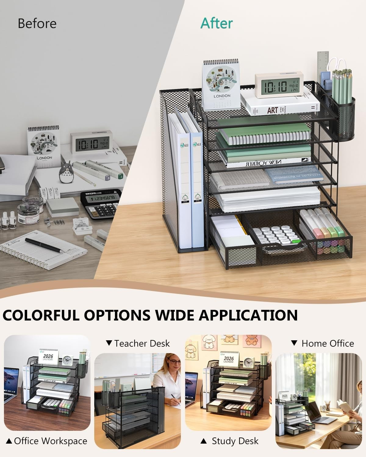 6 Tier Desktop File Organizer with Drawer & Pen Holders   Office Desk Accessorie6