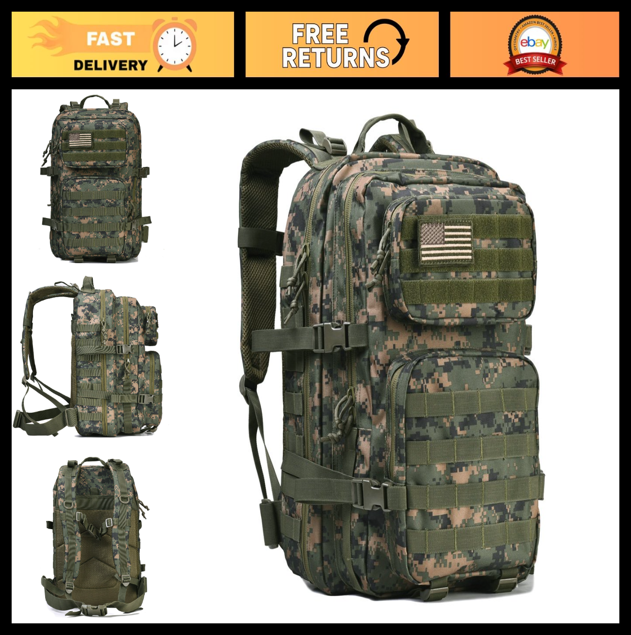 Large Military Tactical Backpack   3 Day Assault Pack, Molle Bag, Woodland Camo0