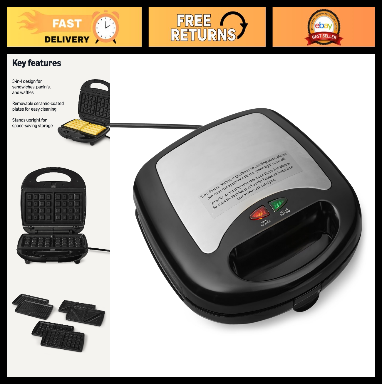3 in 1 Sandwich Maker, Panini Press & Waffle Maker, Removable Plates, 760W, Spac0