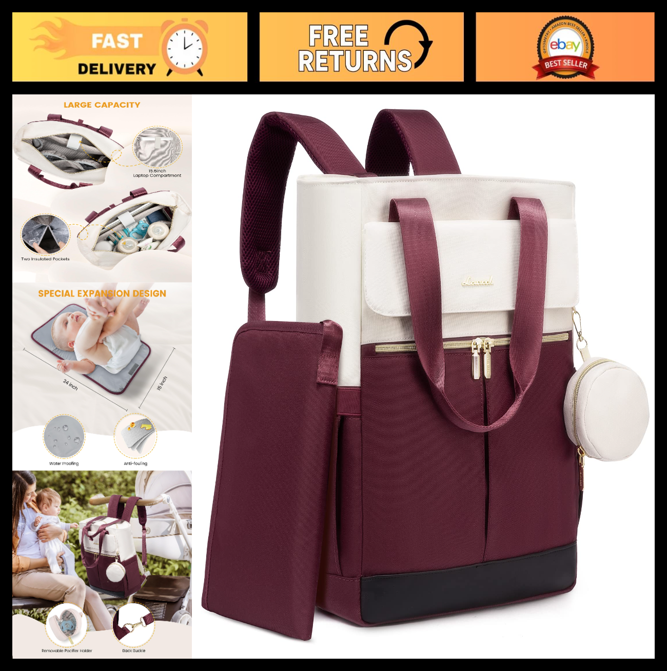 Diaper Bag Backpack Tote with Insulated Pockets & Changing Pad   Stylish & Funct0