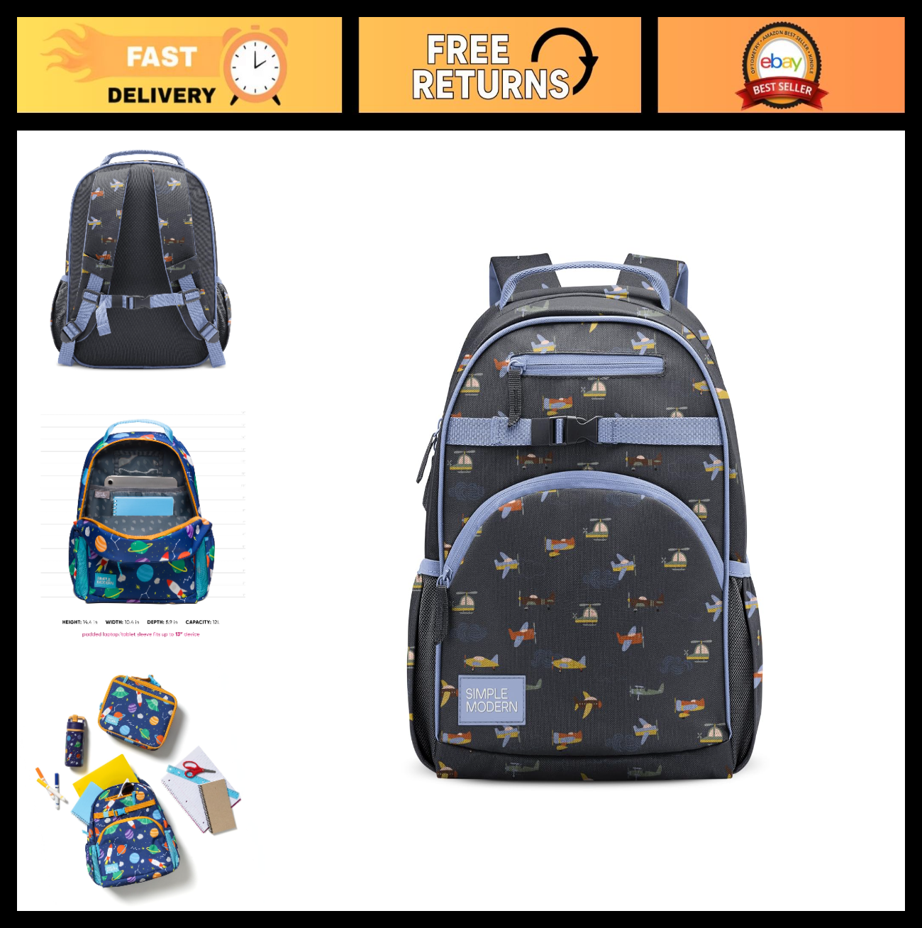Kids School Backpack 12L - Cute Airplane Design, Fits Lunch Box, Toddler & Presc0