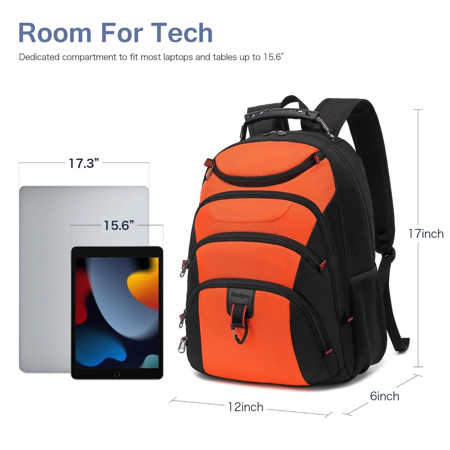 15.6" Waterproof Laptop Backpack with USB Port, Anti Theft Travel Bag, Orange/Bl4