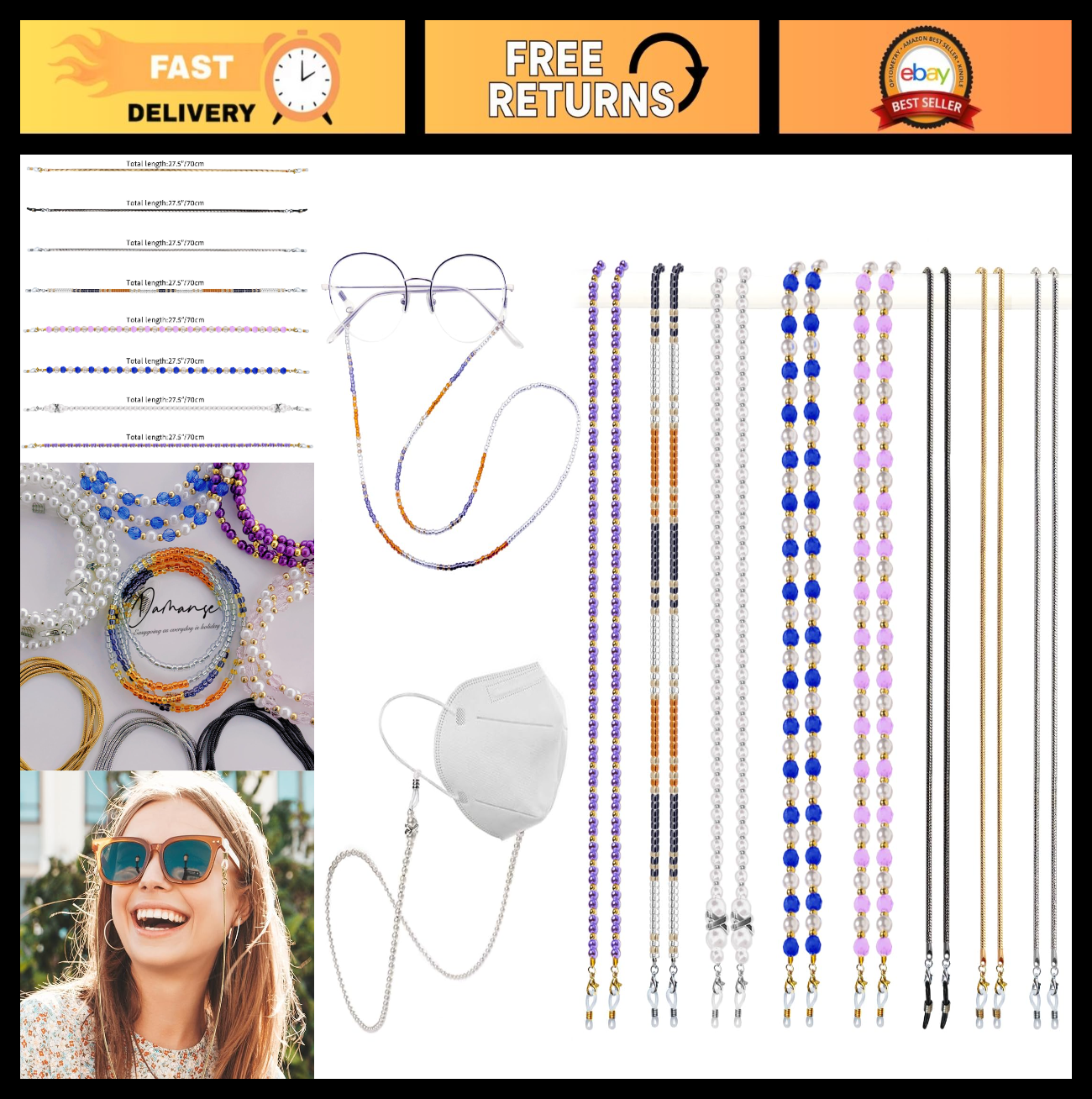 Beaded Eyeglass Chain - 8 Pcs Stylish Glasses Strap Holders for Women, Neck Wear0