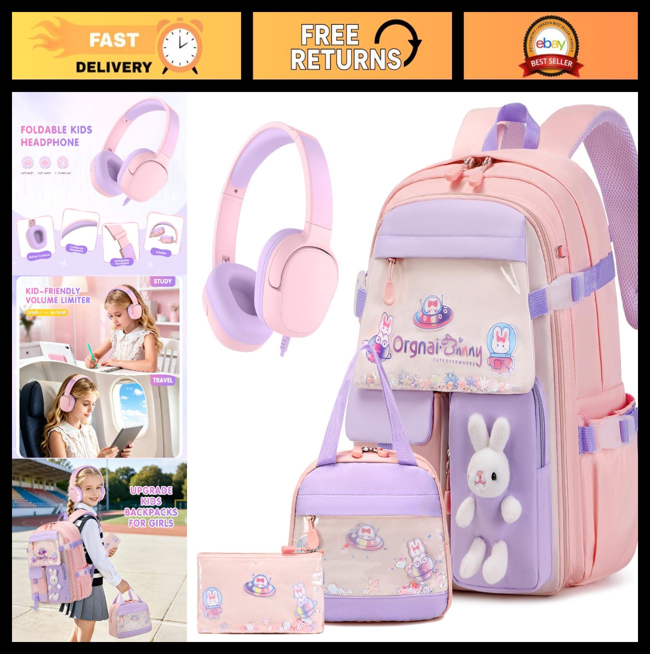 4PCS Kawaii Bunny Girls Backpack Set with Headphones, Lunch Box & Pencil Case  0