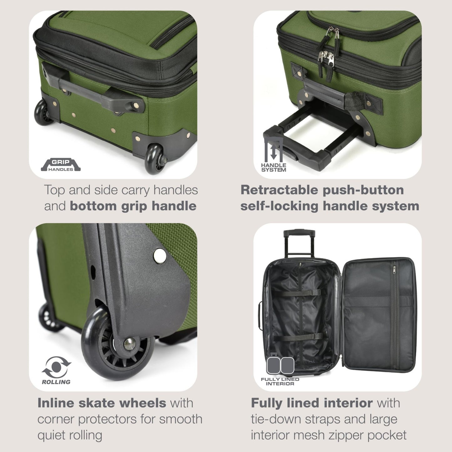 Lightweight Softside Rolling Carry-On Suitcase, 2-Wheel Travel Luggage Set, Gree3