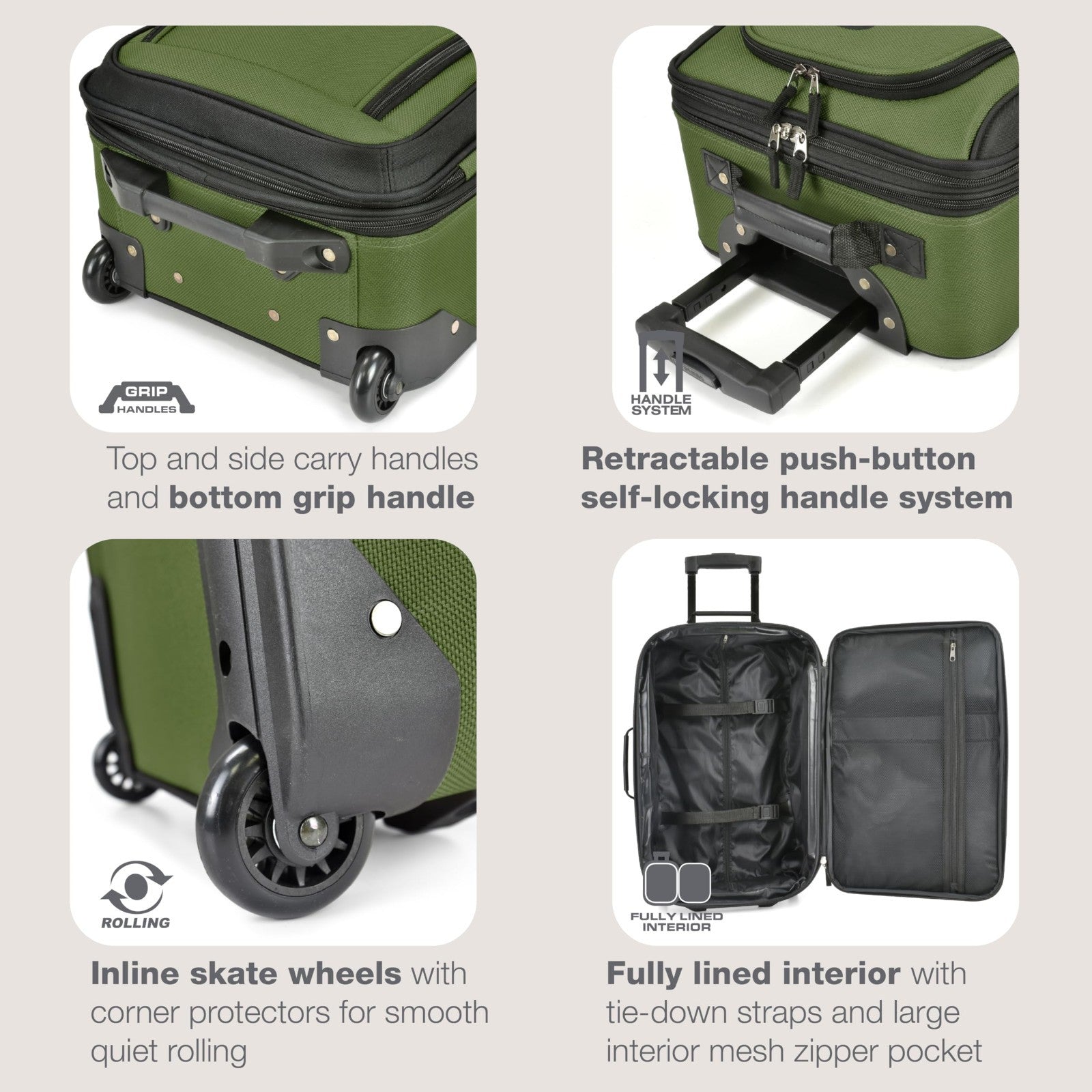 Lightweight Softside Rolling Carry-On Suitcase, 2-Wheel Travel Luggage Set, Gree3