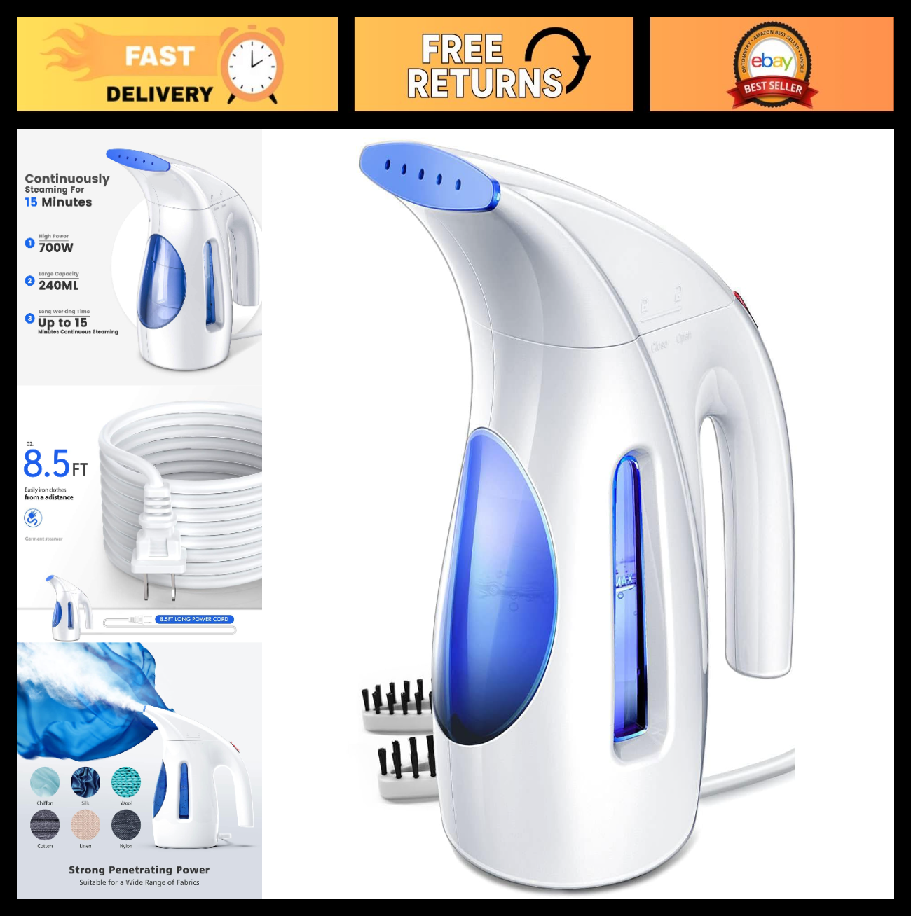 Portable Handheld Clothes Steamer, 240ml Capacity, 700W Fabric Wrinkle Remover -0