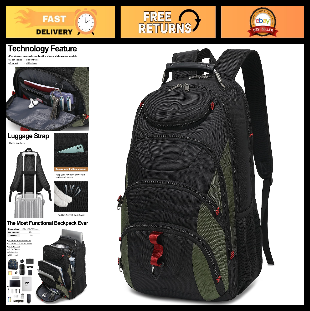 17.3" Waterproof Laptop Backpack with USB Port, Anti Theft Travel Bag, Casual Wo0