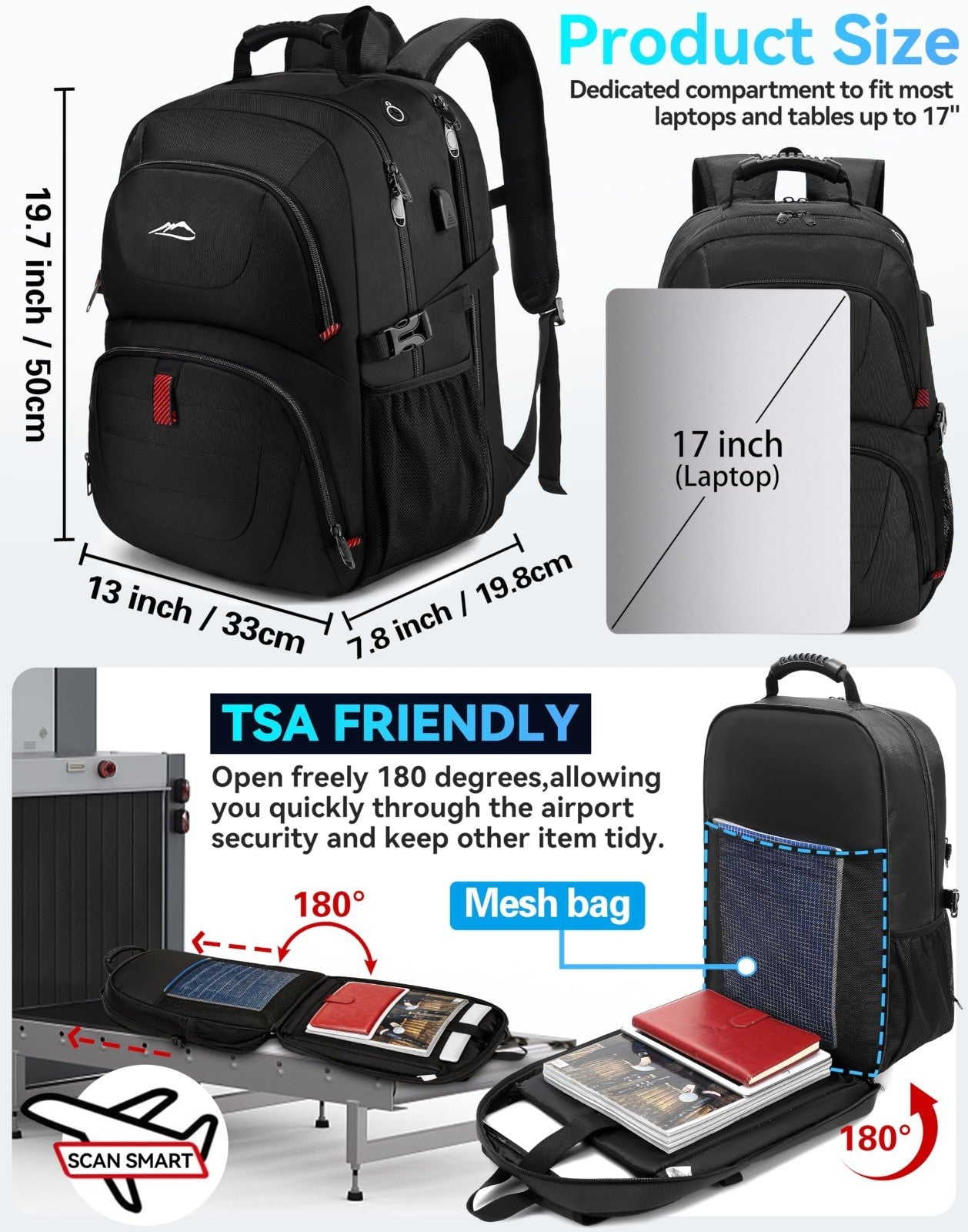 Extra Large Anti Theft Travel Backpack for 17" Laptop, USB Charging, TSA Approve2