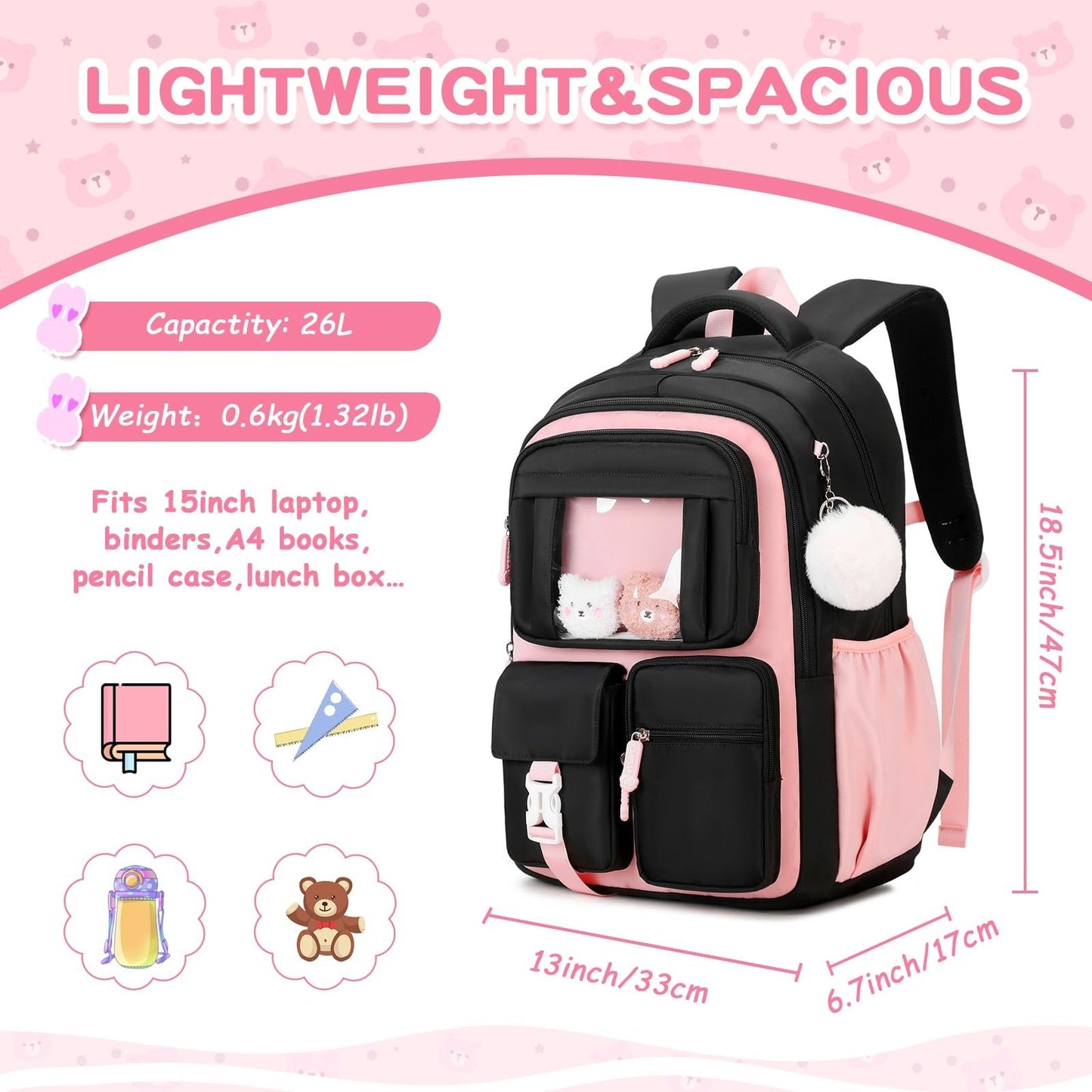 Kawaii Girls School Backpack - Cute Book Bag for Middle & Elementary Students, B2