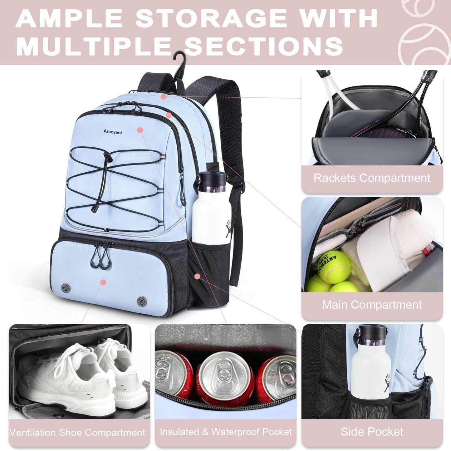Tennis Bag for 2 Rackets, Women's Professional Backpack with Ventilated Shoe Com2