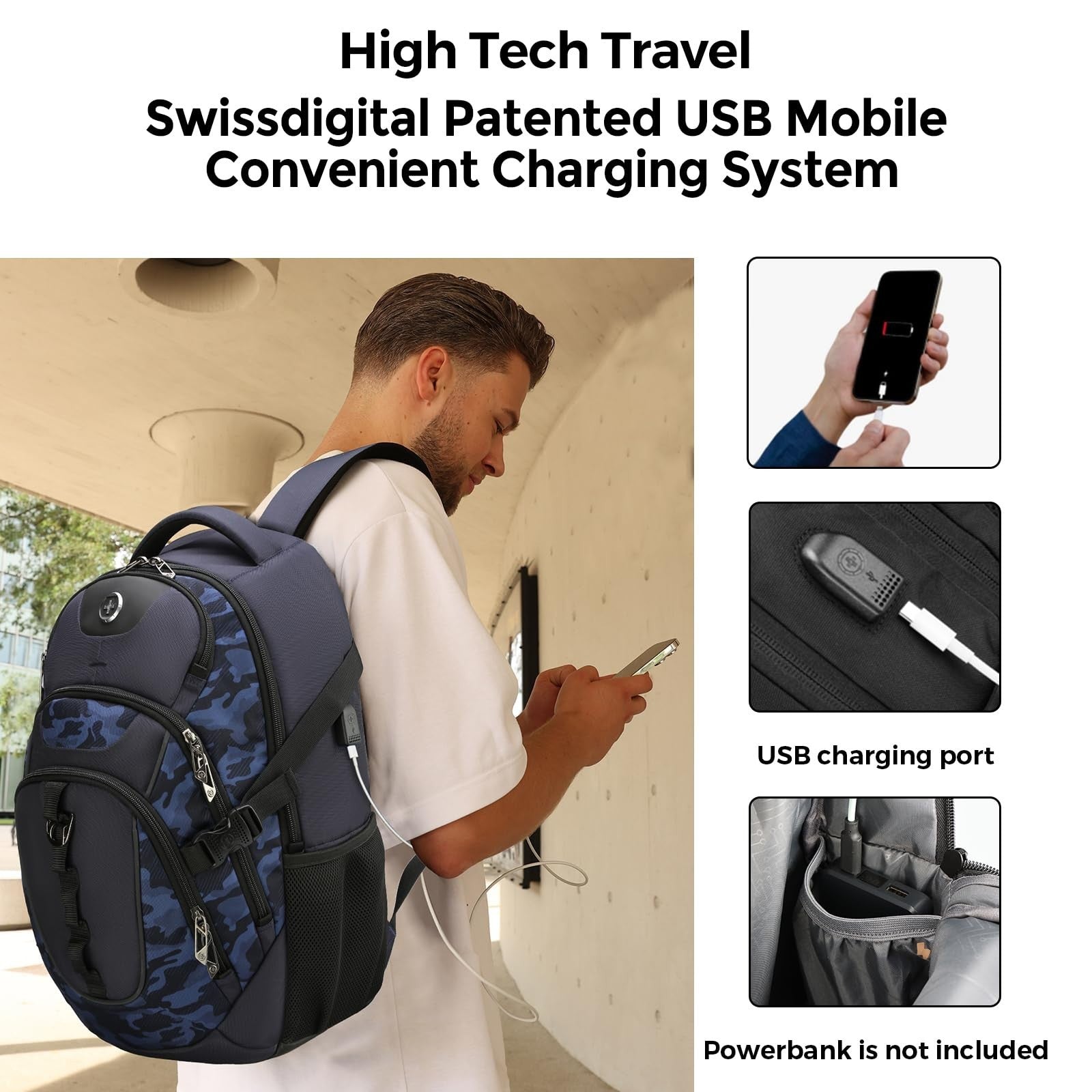 Travel Laptop Backpack with USB Charging Port, Fits 15.6" Computer, 31L, Blue Ca2