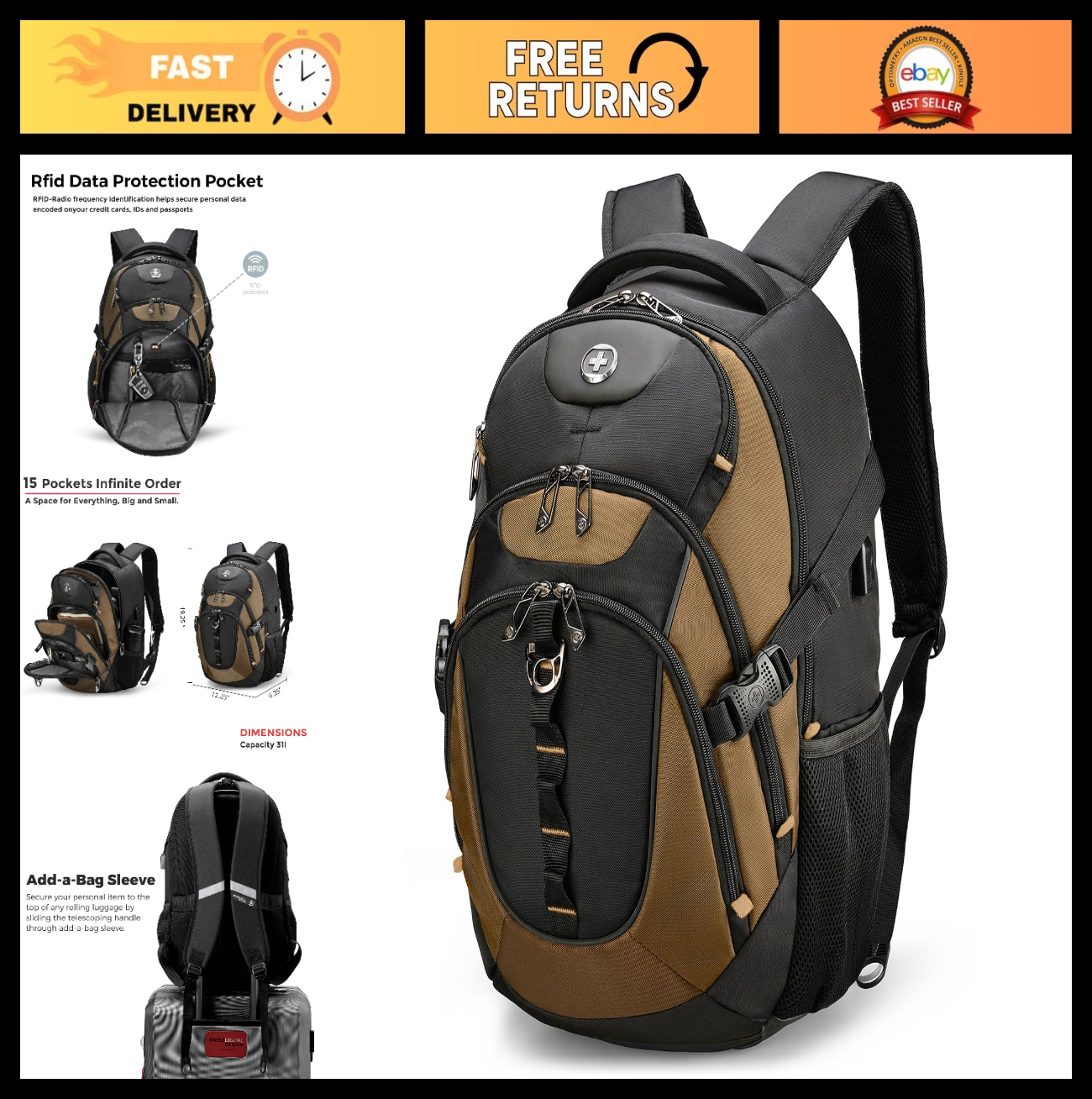Travel Laptop Backpack with USB Charging Port, Fits 15.6" Computer, 31L College0