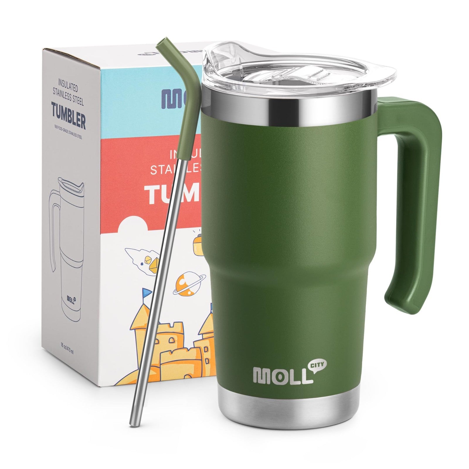 16 oz Insulated Tumbler with Handle, Reusable Stainless Steel Travel Mug with Li1