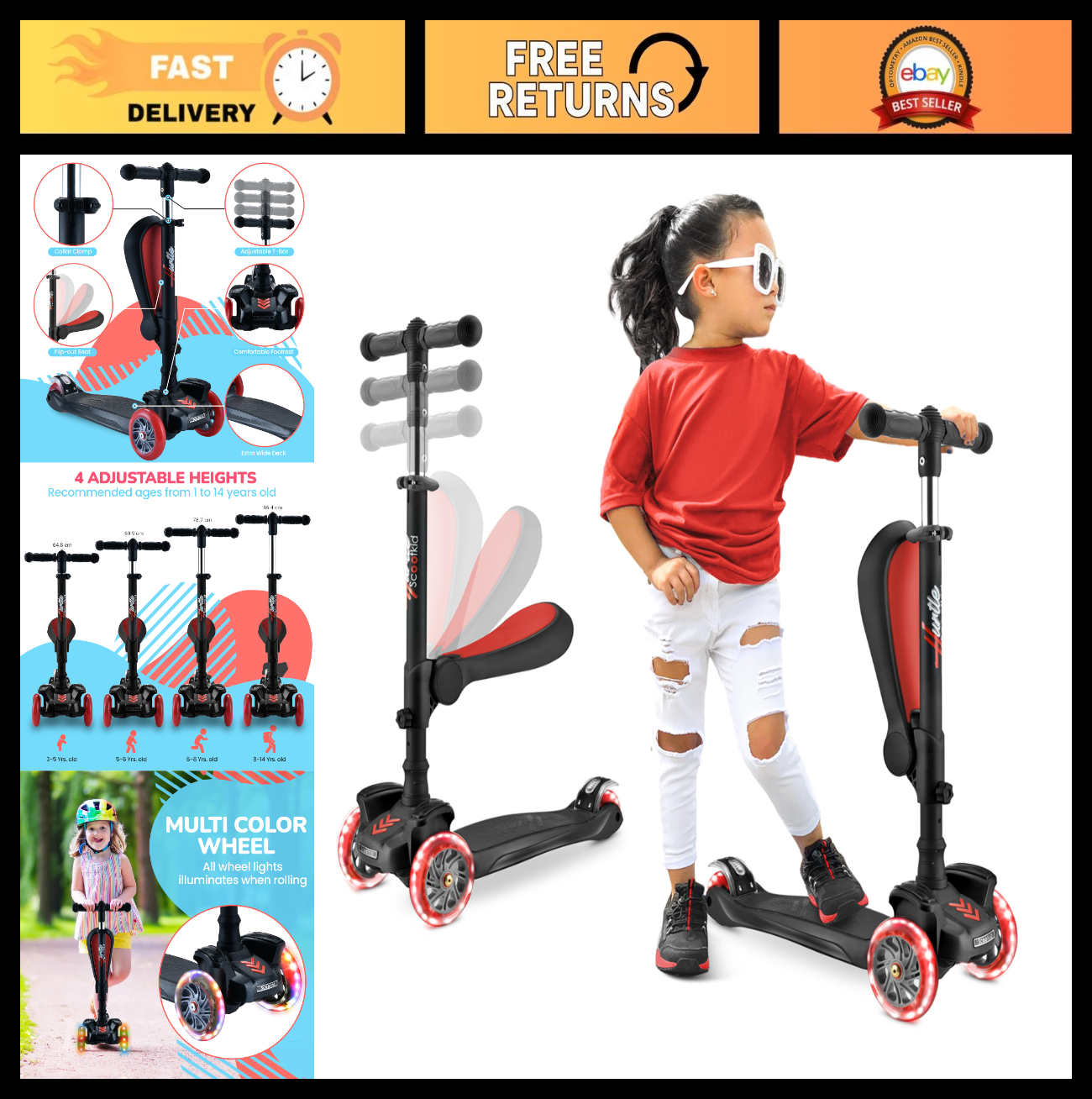 3-Wheeled Kids Scooter with LED Lights, Adjustable Handlebar, Foldable Seat, Sit0