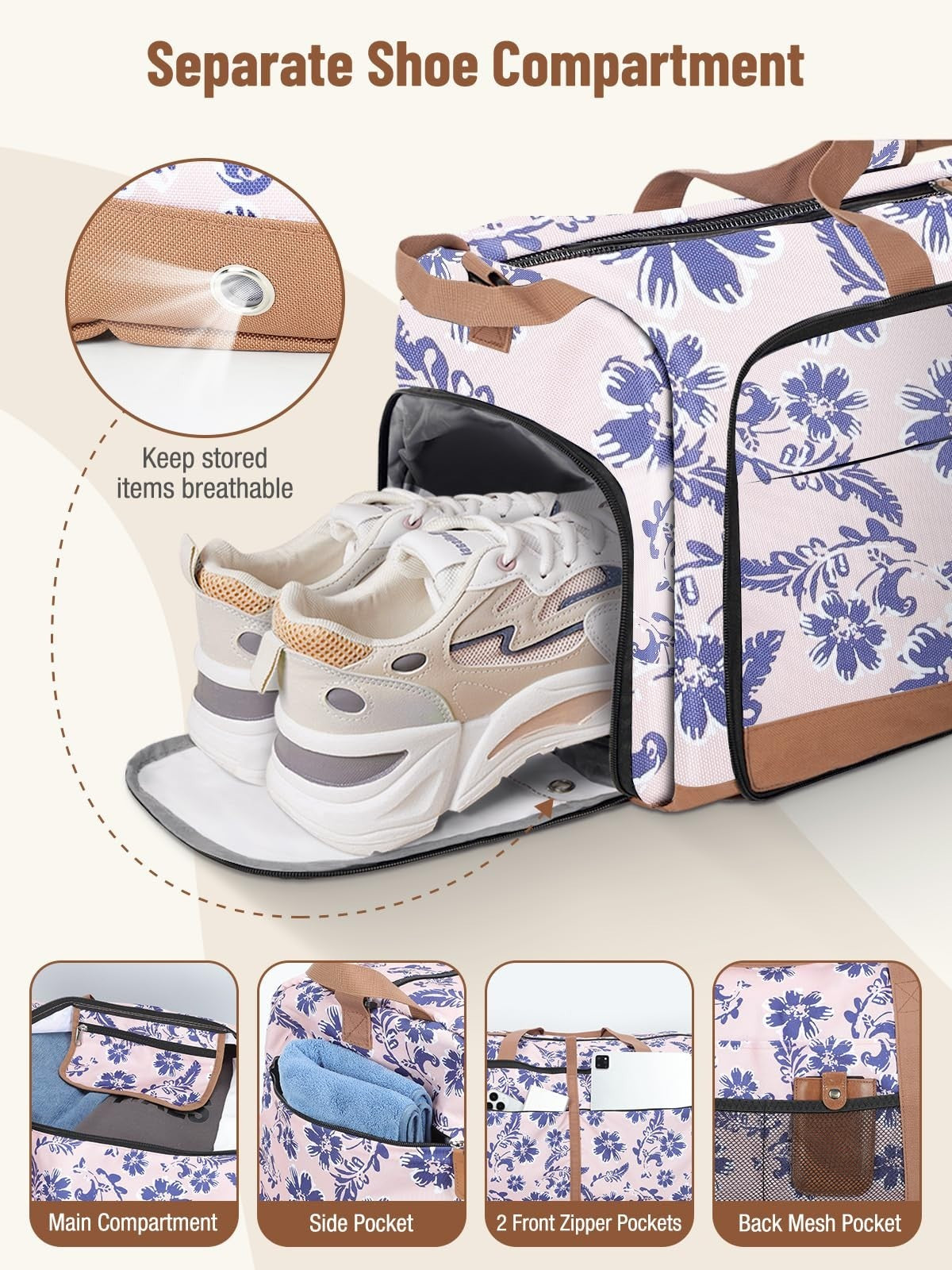 Large Foldable Travel Duffle Bag with Shoe Compartment, Weekend Carry-On, 80L, P3