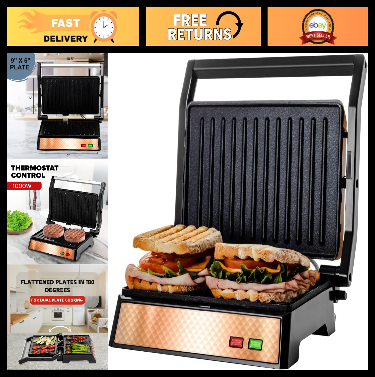 Electric Panini Press Sandwich Maker - 180° Non-Stick Grill for Quesadillas, Bur0