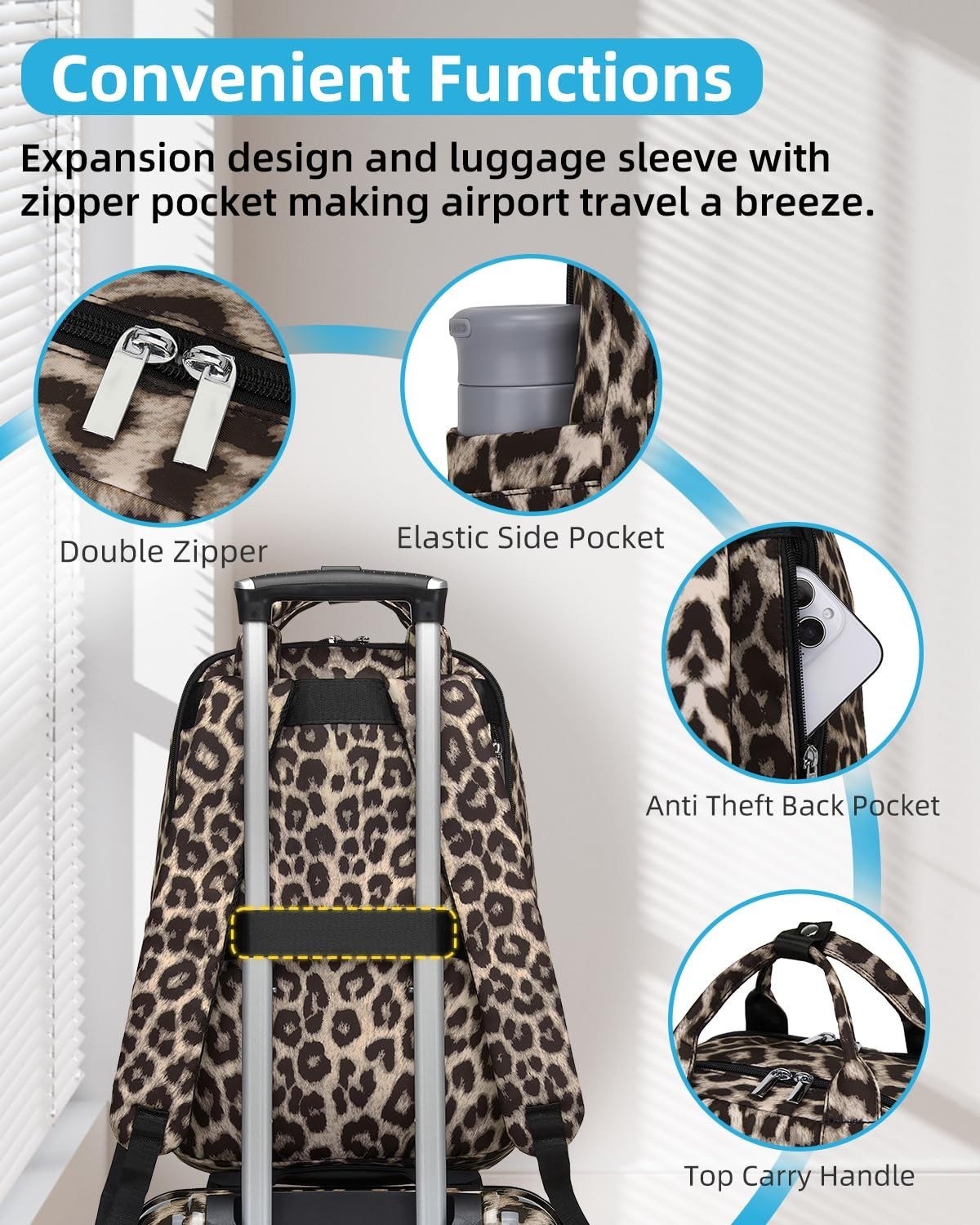 3-Piece Carry-On Luggage Set, 20" Suitcase with Wheels, Lightweight Leopard Prin5