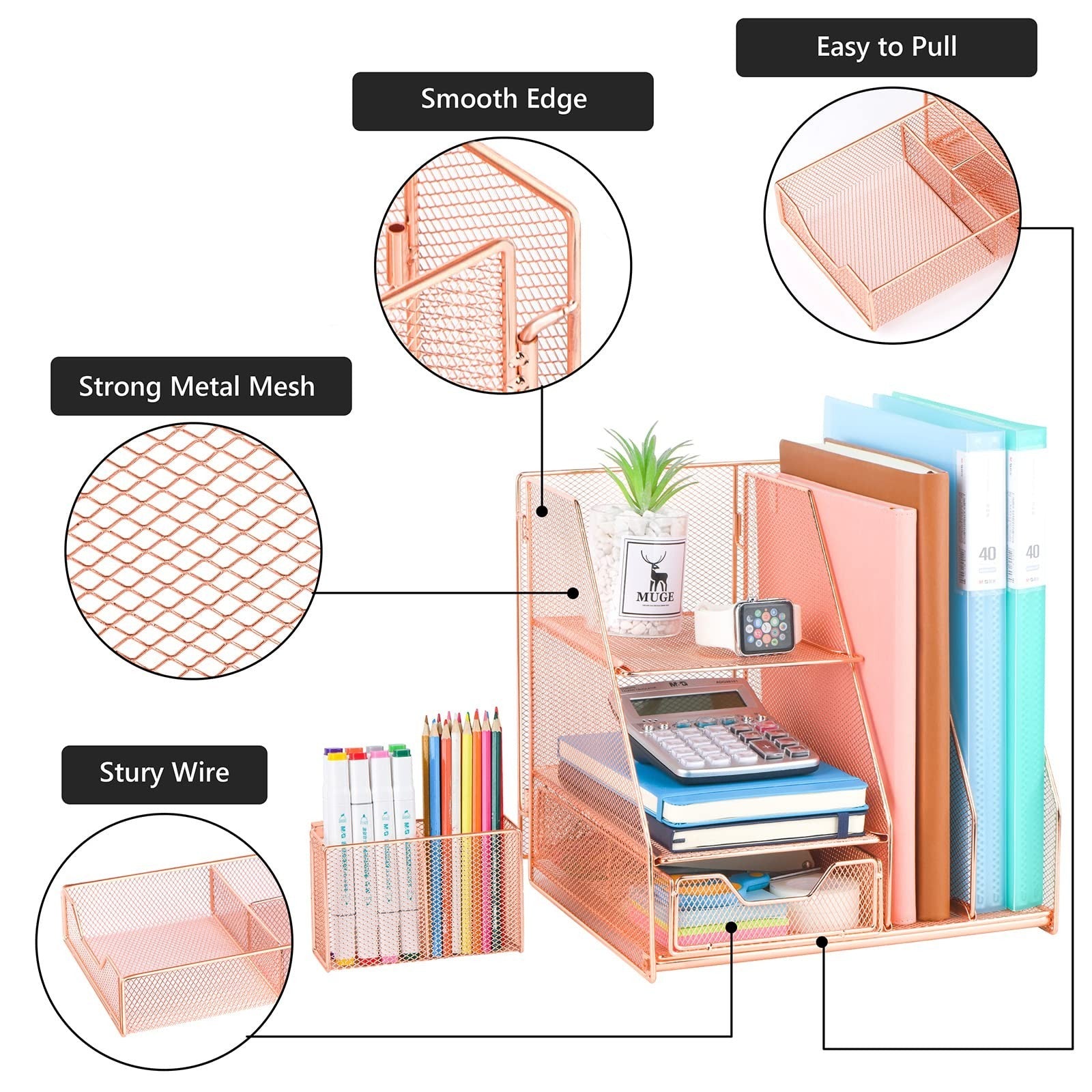 Rose Gold Desk Organizer Caddy with Sliding Drawer, Double Tray & Pen Holder   O3