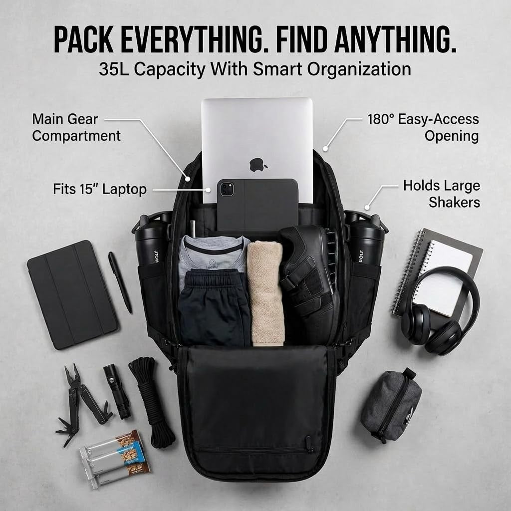 Durable 35L Waterproof Gym Backpack   1000D Oxford, MOLLE Webbing, Laptop Pocket3