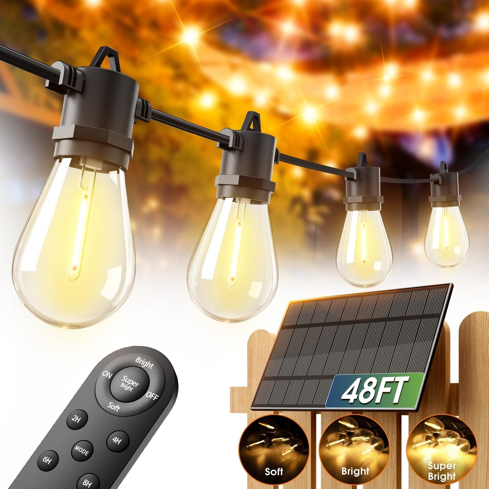 54FT Solar String Lights Outdoor, 24 Bulbs, USB Charging, IP65 Waterproof, Dimma6