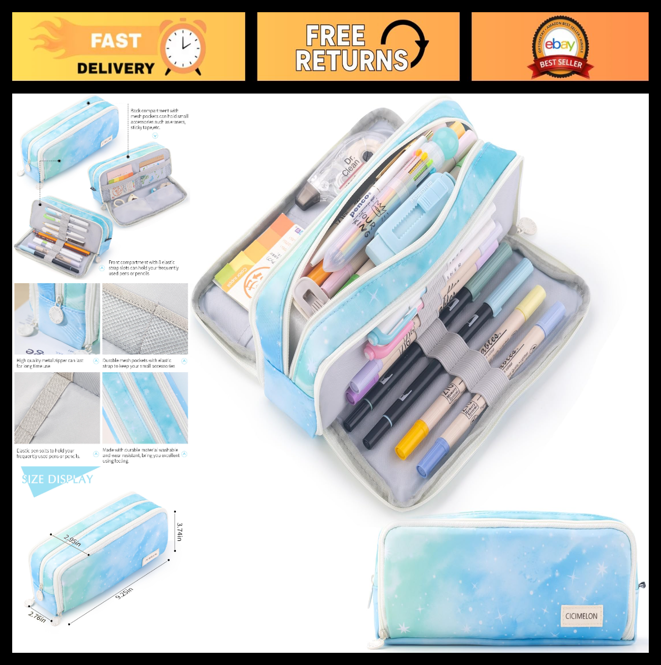 Large Capacity 3 Compartment Pencil Case Pouch Bag for School, Teens & Adults0