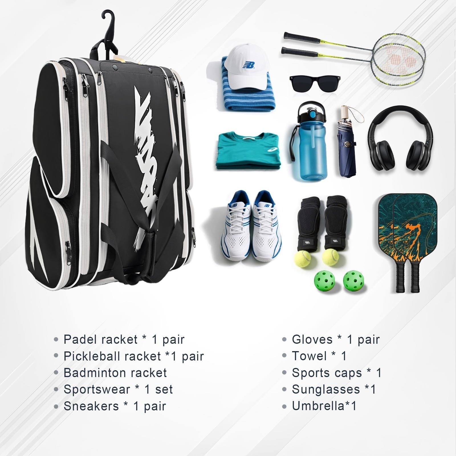 Large Pickleball Paddle Bag for 4 Paddles, Accessories, Shoe Compartment & Hook8