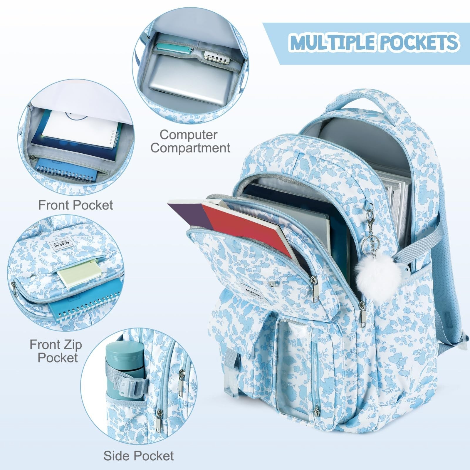 Stylish Girls Backpack with Lunch Bag & Pencil Pouch   Teen Laptop Bookbag, Blue3