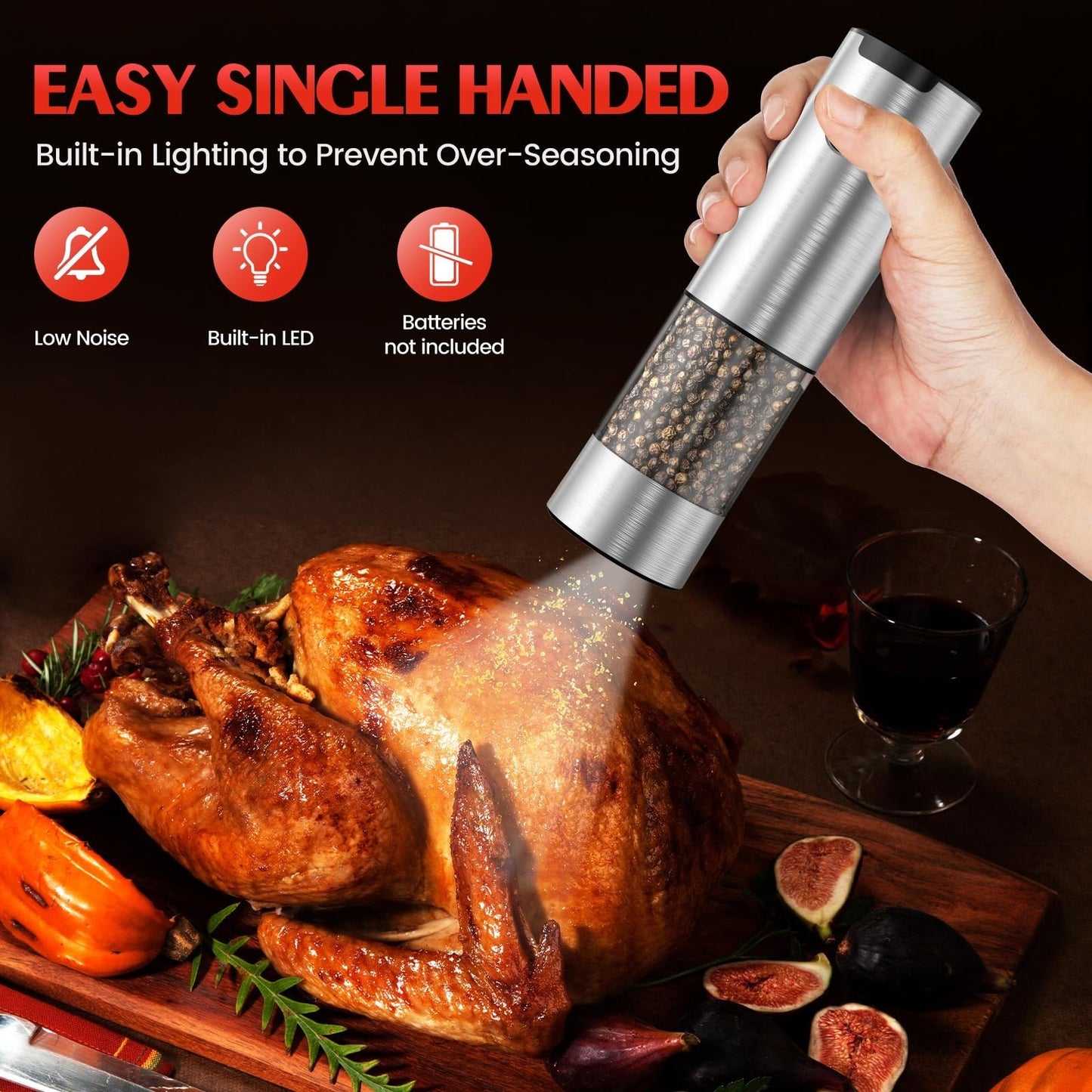Automatic Electric Salt & Pepper Grinder Set   Adjustable Coarseness, LED Light,3