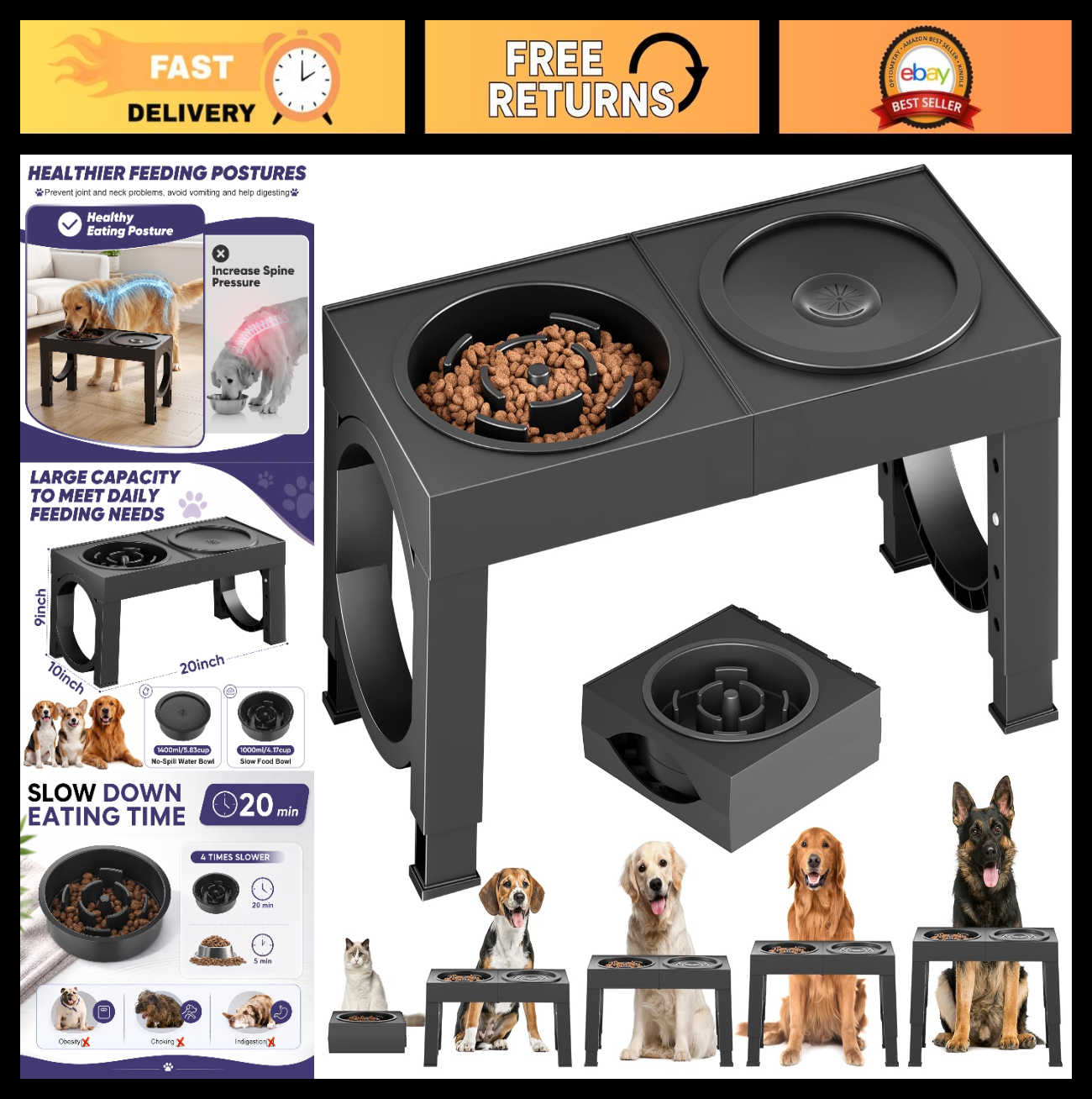 Elevated Dog Bowls for Large Breeds   Adjustable Slow Feeder Stand 9 14in0