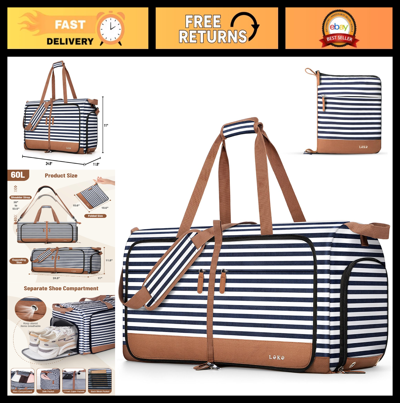 60L Foldable Travel Duffle Bag for Women, Large Weekend Bag with Shoe Compartmen0