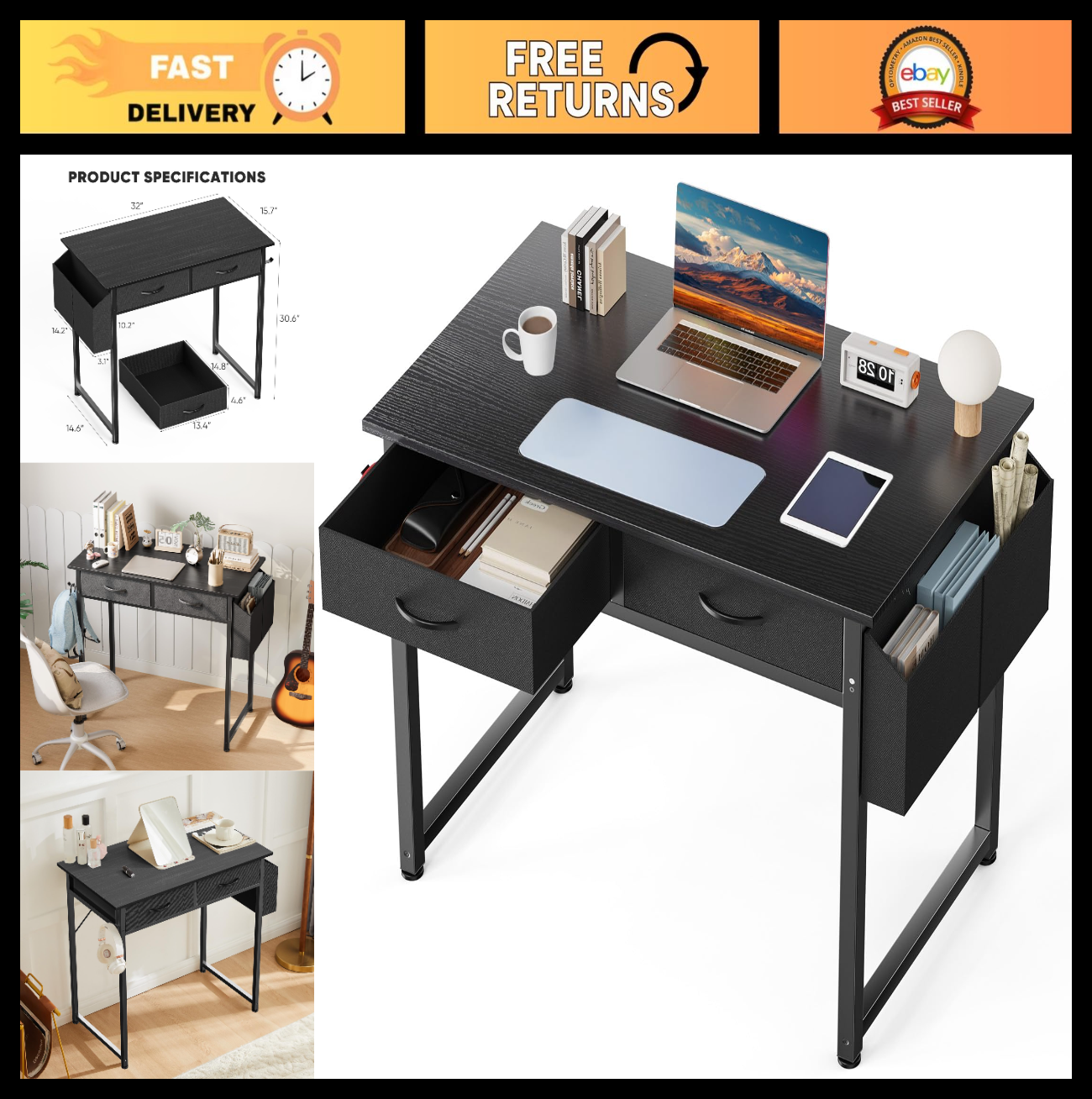 32" Home Office Computer Desk with Drawers, Gaming Writing Table, Adjustable Fee0