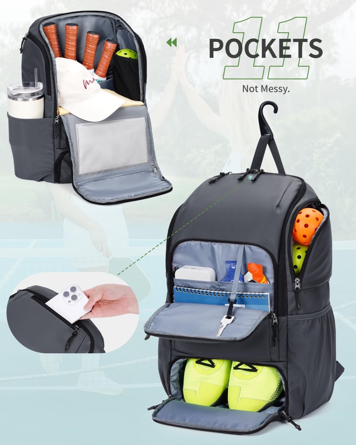 Waterproof Pickleball Bag with Shoe Compartment & Fence Hook | 30L, 2 Pockets, A3