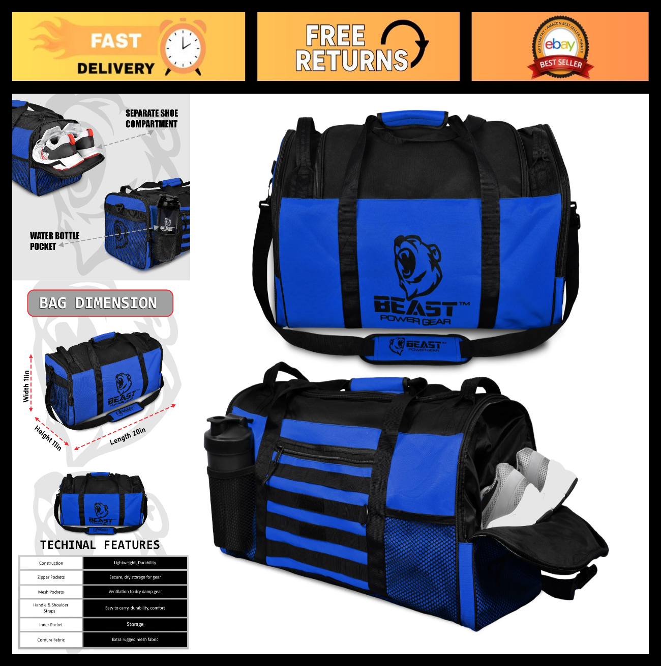 Gym Duffle Bag for Workout, Boxing, MMA - Sports Bag with Shoe Compartment, Adju0