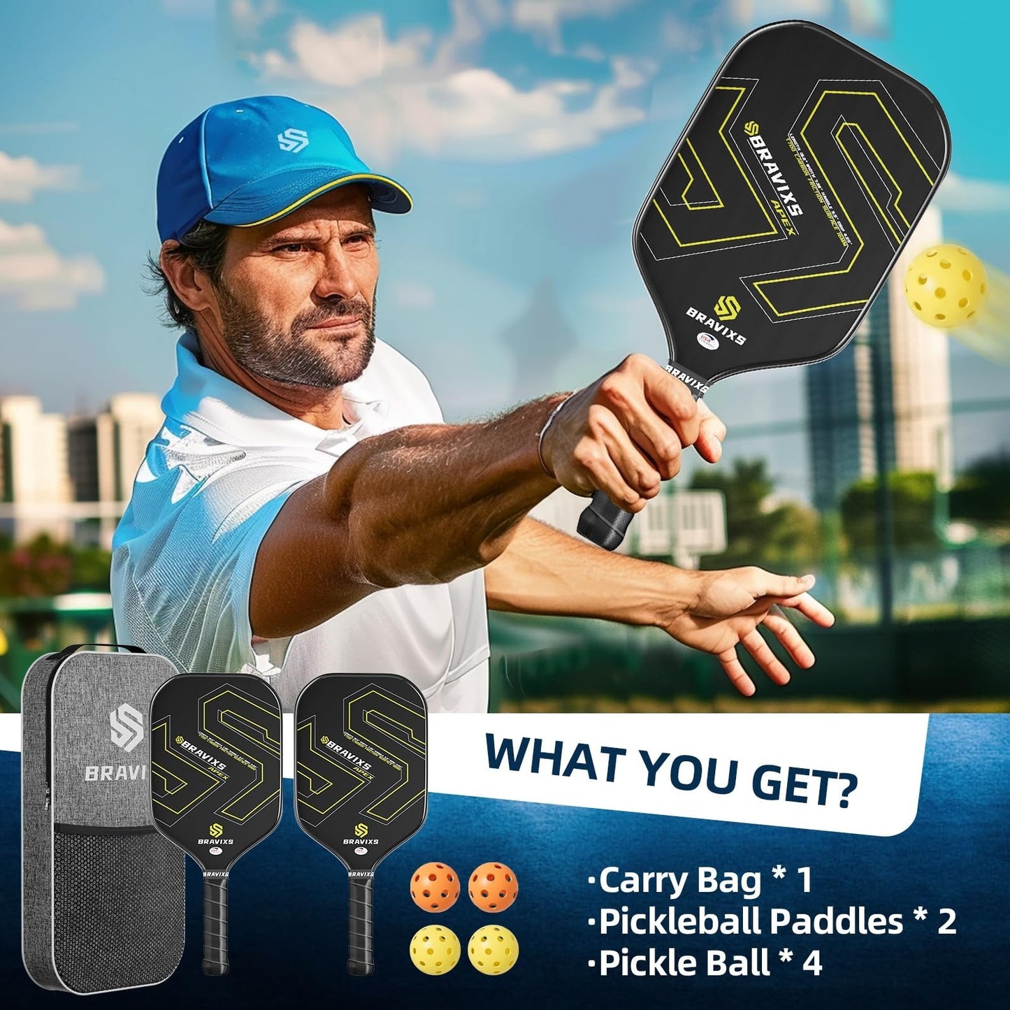 Set of 2 USAPA Approved Pickleball Paddles, T700 Carbon Fiber, 4 Balls & Bag4