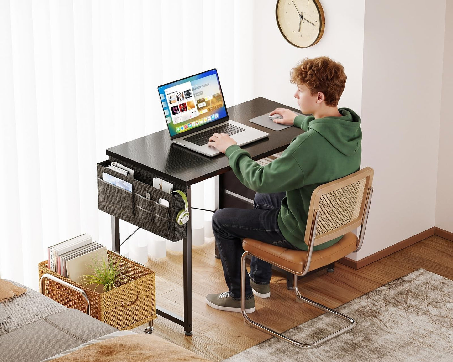Compact 32" Study Desk with Fabric Drawers, Storage Shelf for Small Spaces4