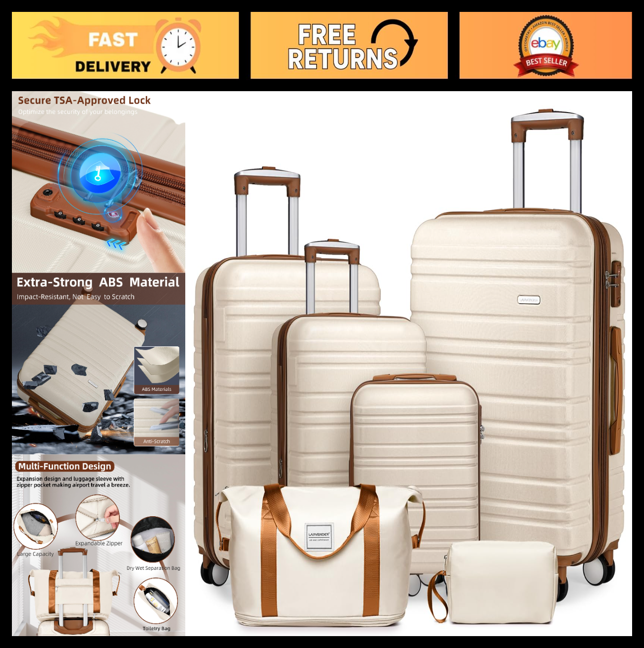Expandable 6-Piece Luggage Set with Smooth 360° Wheels, TSA Lock, Lightweight Ha0
