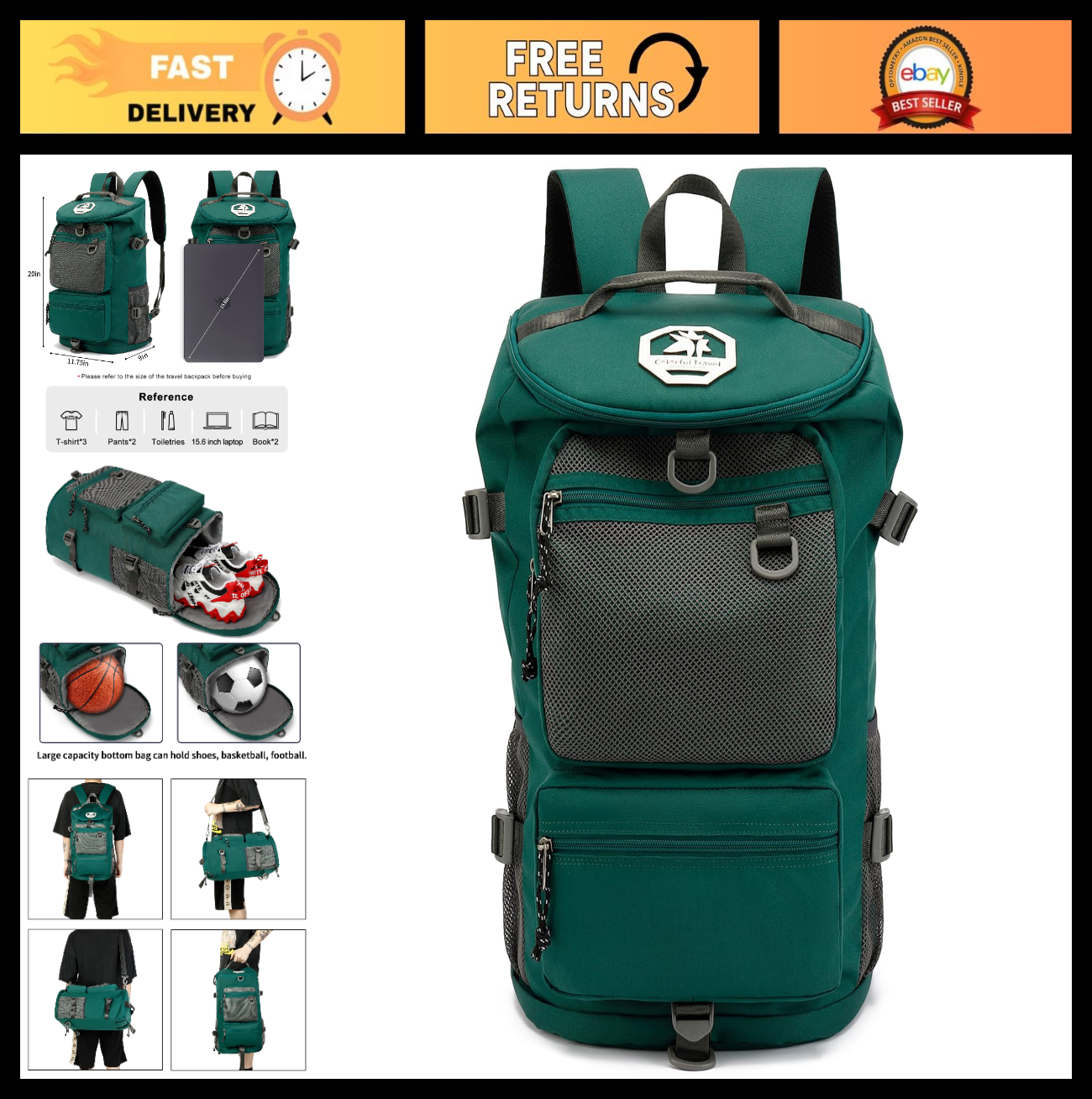 Waterproof Gym Duffel Backpack with Shoe Compartment, 4 Carry Methods, Sports &0