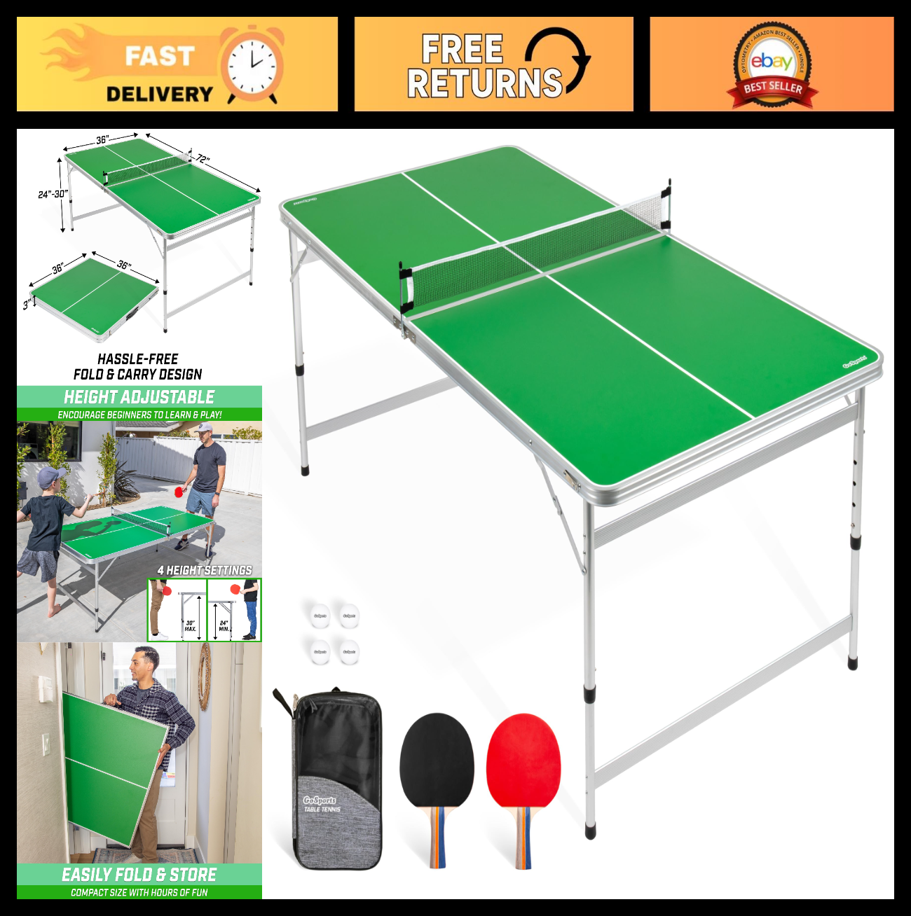 6x3 ft Adjustable Height Table Tennis Table Set - Indoor/Outdoor Game - Green/Bl0