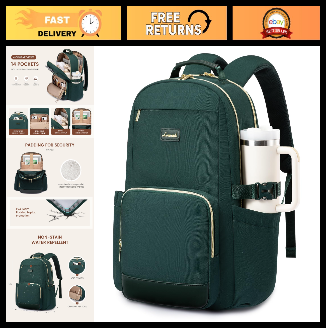 Stylish Waterproof Laptop Backpack for Women, 15.6" Travel Bag with Pouch, Large0