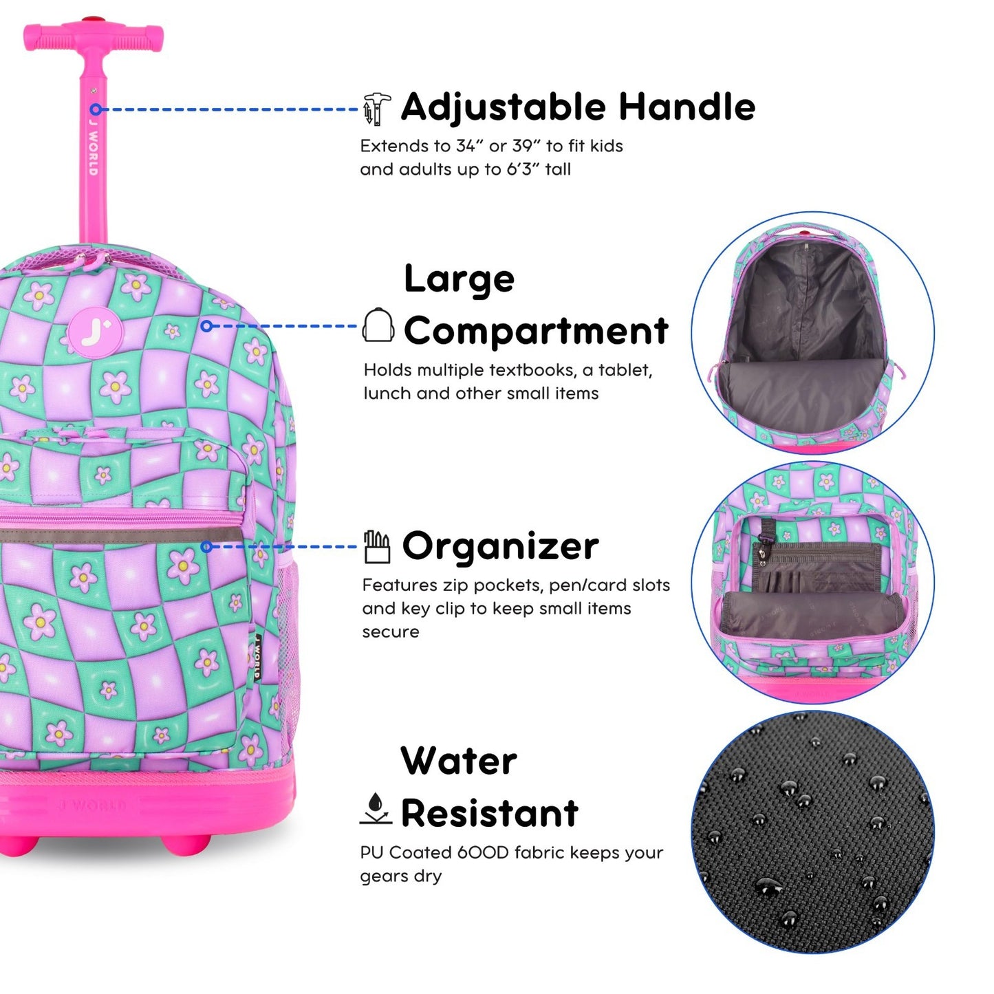 Kids Rolling Backpack with Wheels, 18" Bookbag for School, Puffy Flower Design2