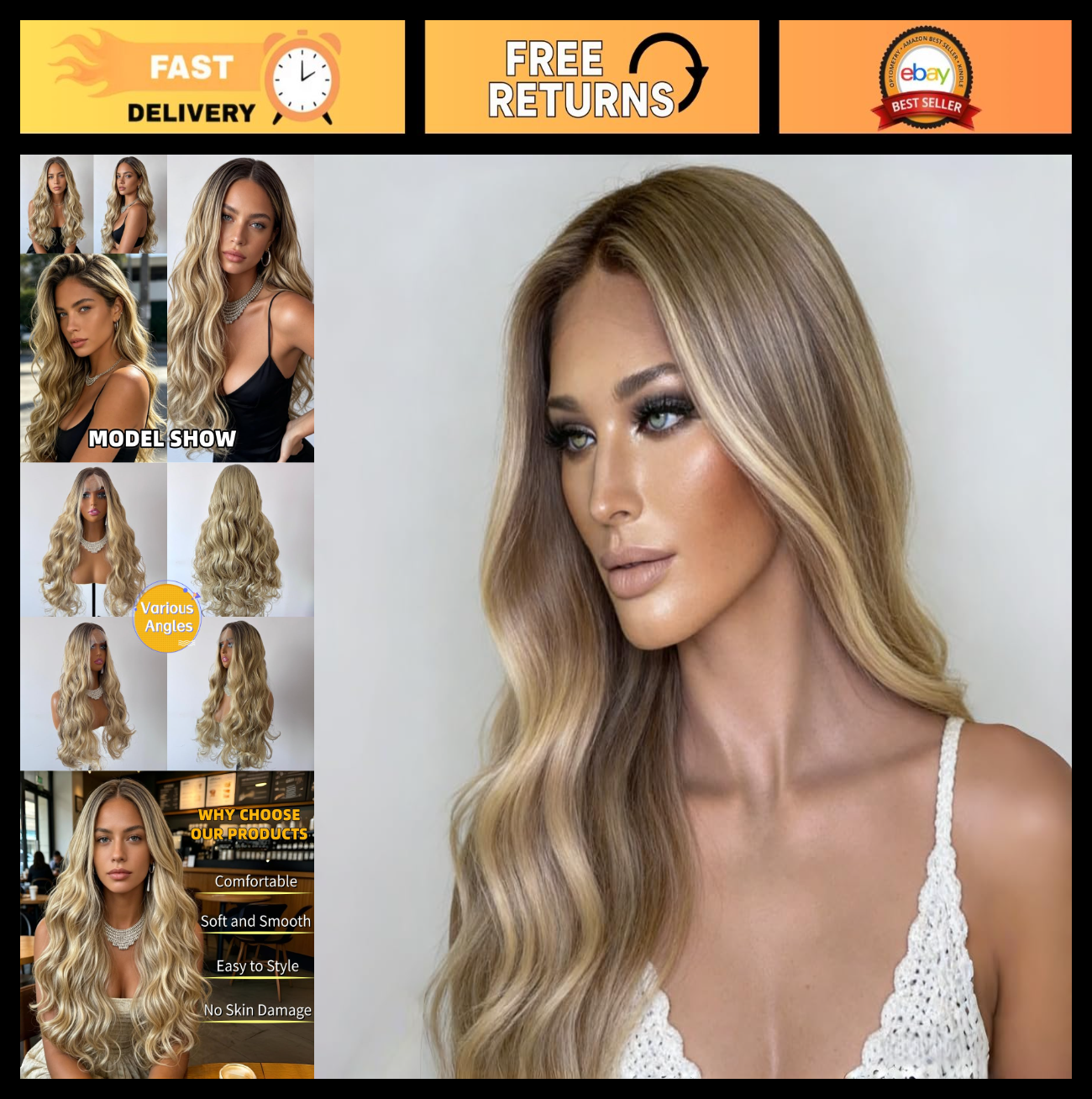 Ombre Dirty Blonde Lace Front Wig - Body Wave 13x4 HD Transparent Heat Resistant0